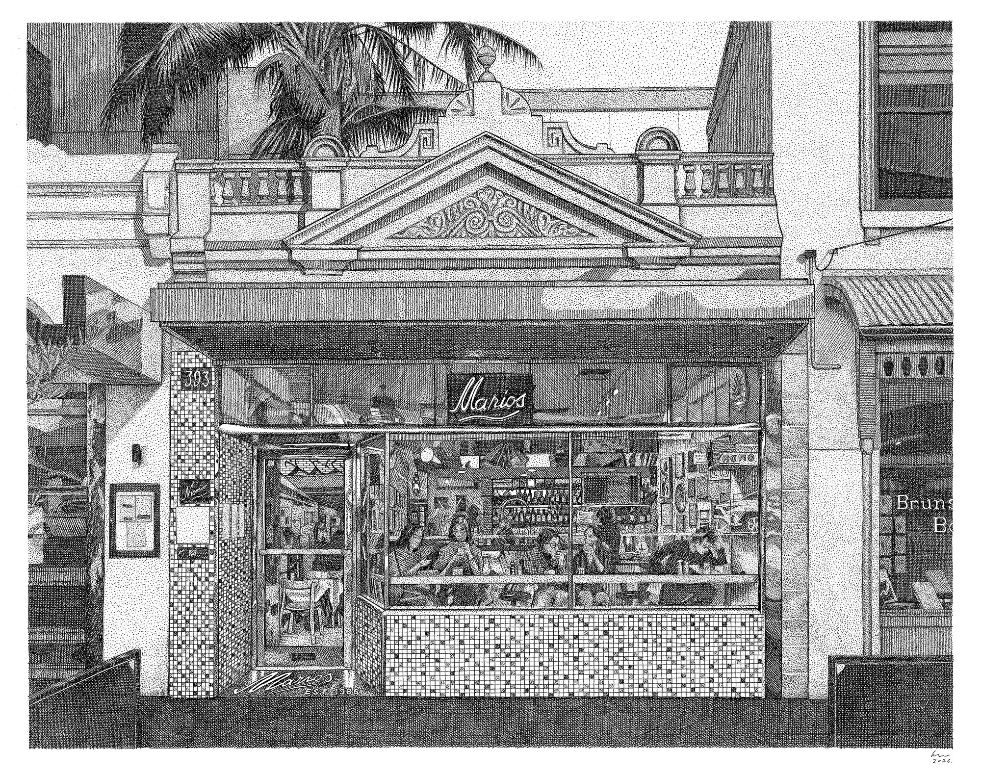 BREN LUKE,
Marios Cafe, 2026,
Ink on bristolboard,
Size (framed): W43.5 x H34cm
Price: $940