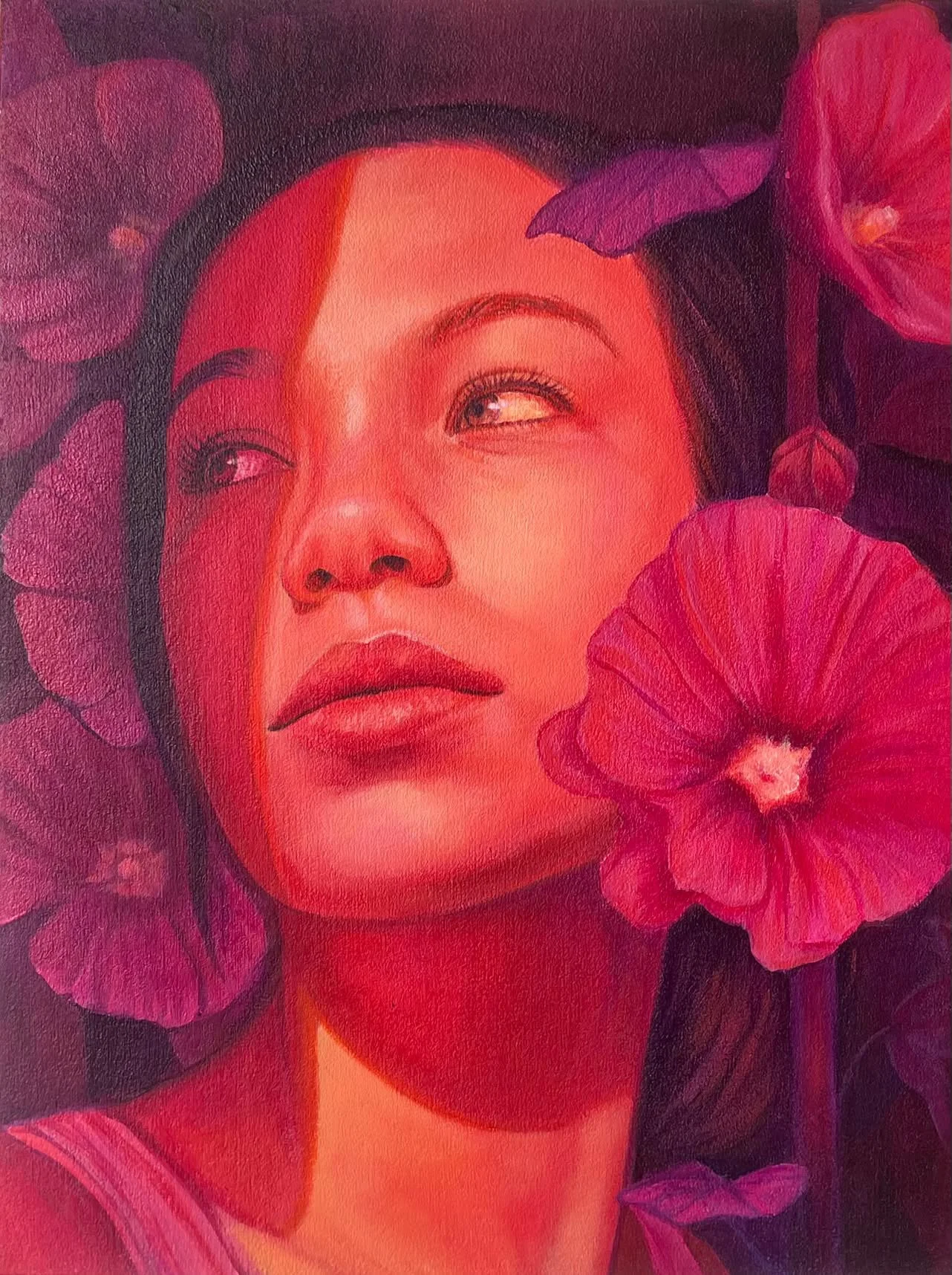 KITSUNE JOLENE,
Hollyhocks, 2026,
acrylic on an archival marble dust gesso layer, 30 x 40cm, $850