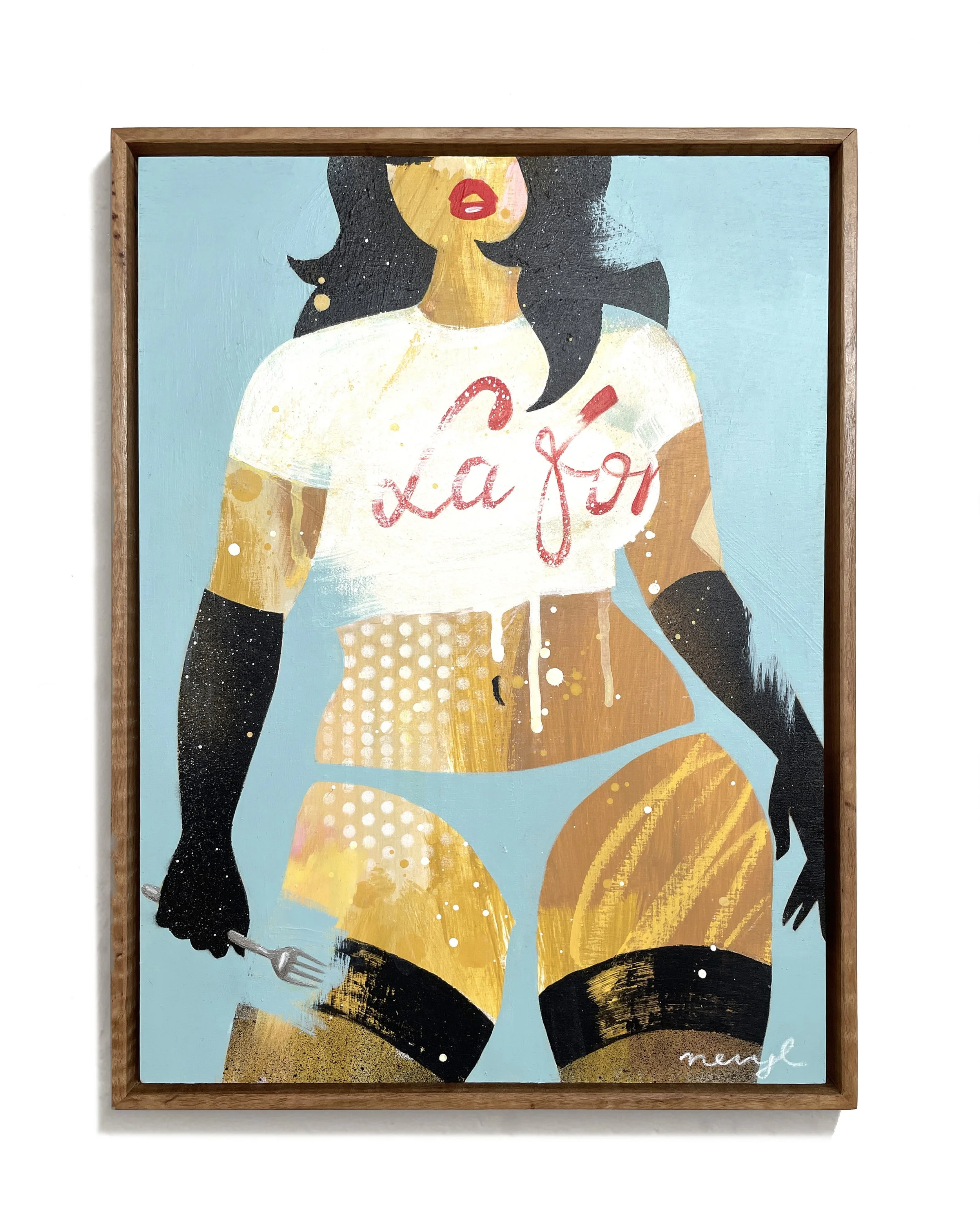SOLD / NERYL WALKER,
Everything you see I owe to Spaghetti, 2026,
Mixed media on plywood, Tasmanian Oak frame,
42 x 32cm
$1650 inc GST