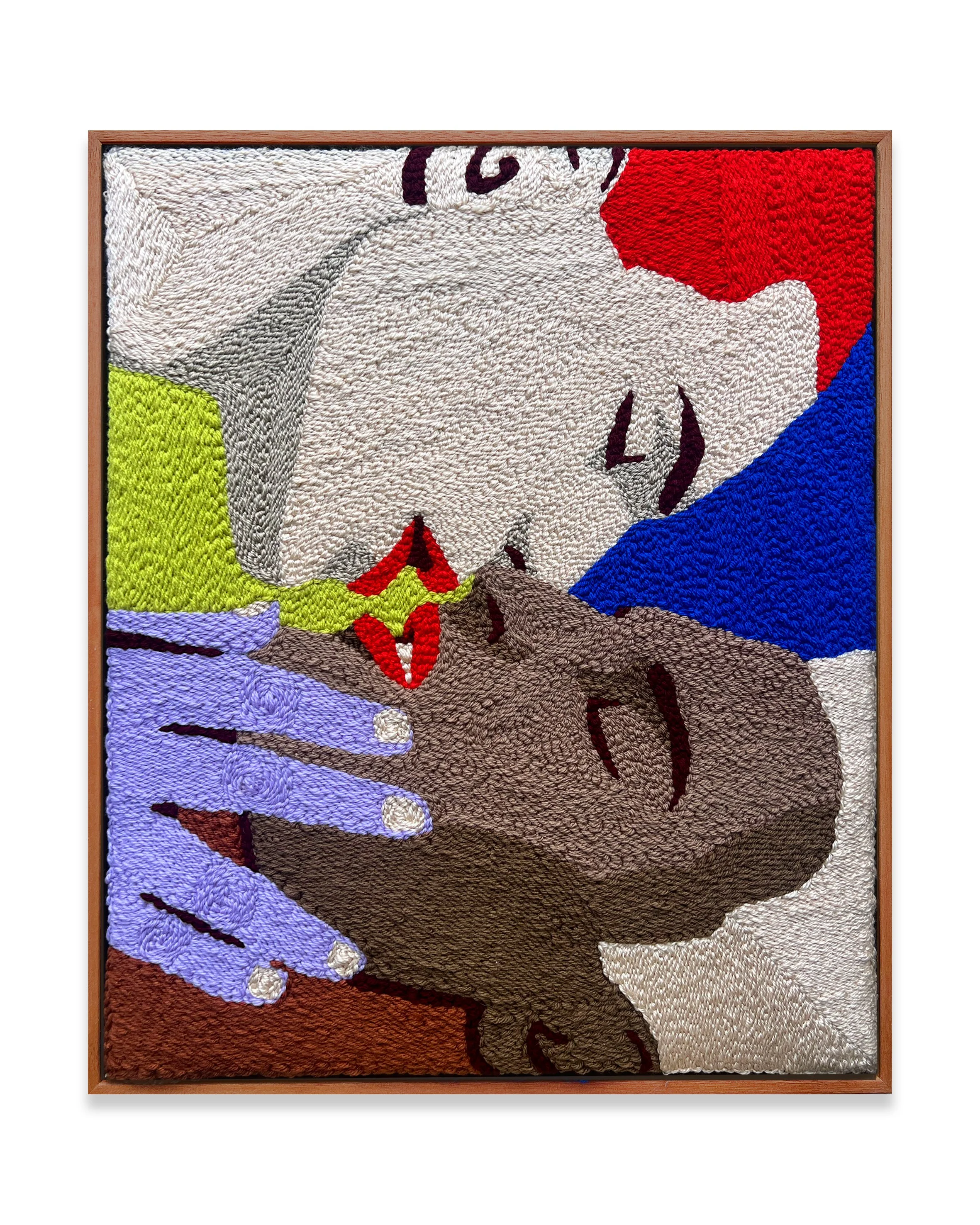 Kiss boy kiss boy,
by Justine McAllister,
embroidered textile in native mahogany, 2025, 60 x 50cm,
$1,100