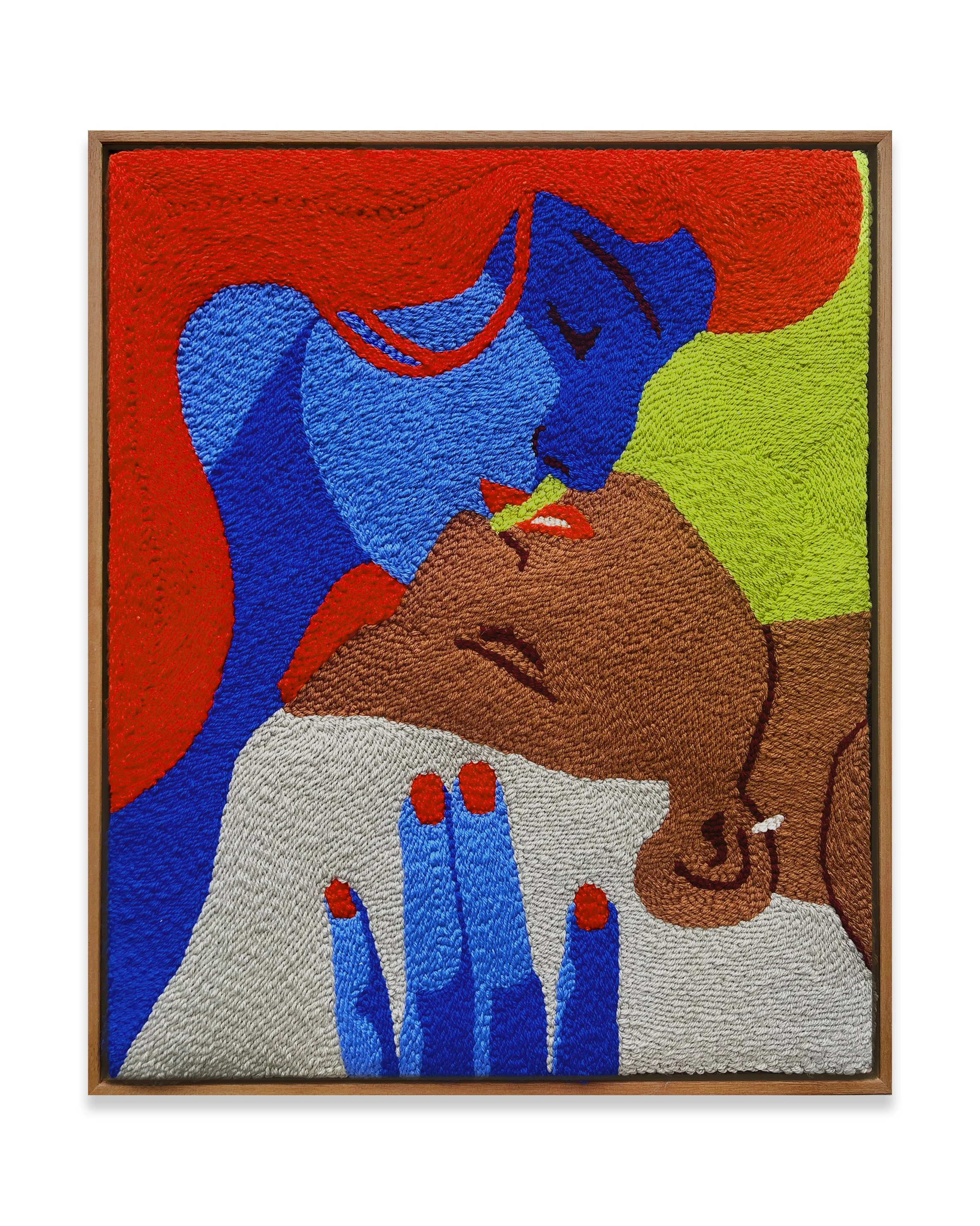 SOLD / Kiss girl kiss girl,
by Justine McAllister,
embroidered textile in native mahogany, 2025, 60 x 50cm,
$1,100