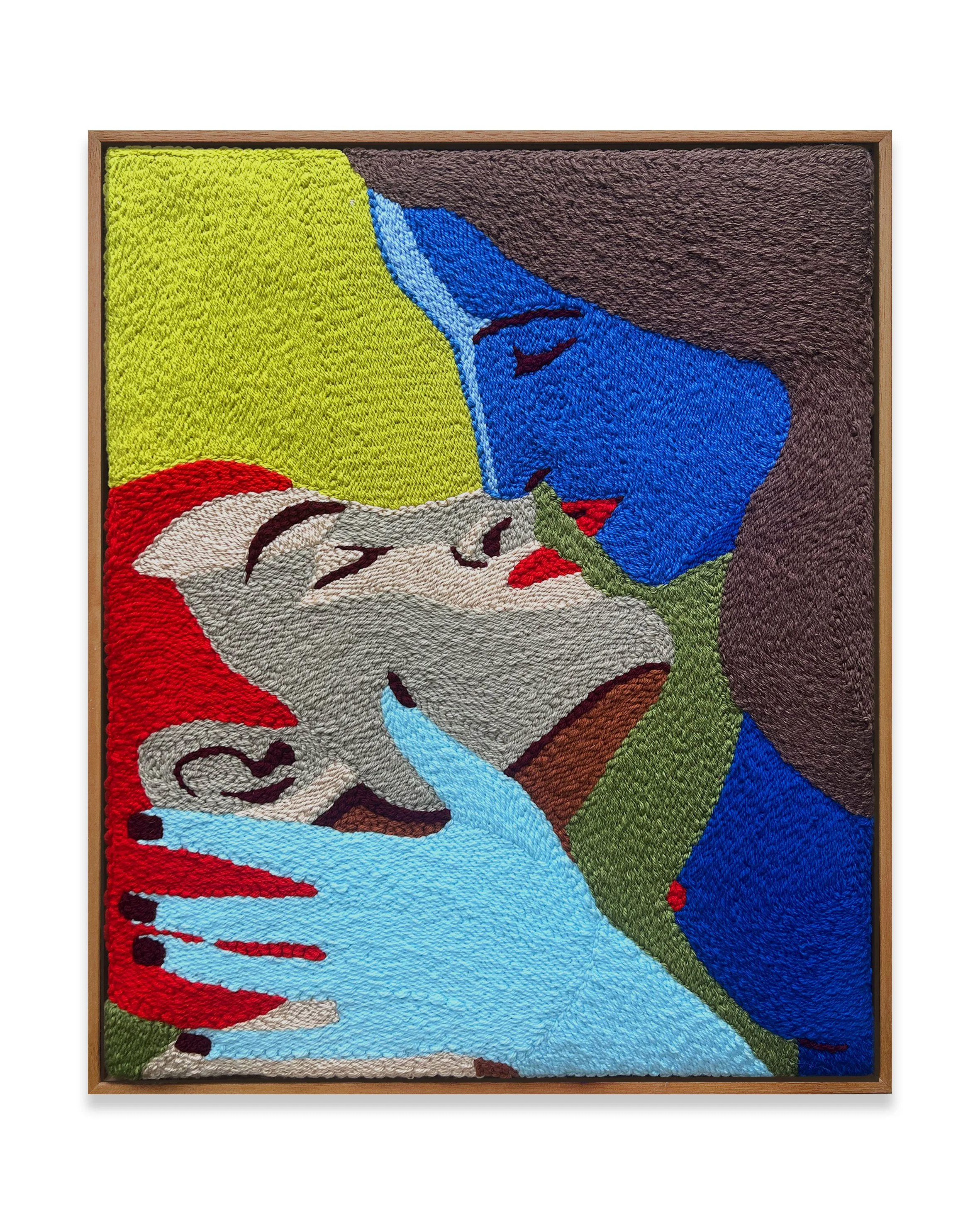 SOLD / Kiss girl kiss boy, 
by Justine McAllister,
embroidered textile in native mahogany, 2025, 60 x 50cm,
$1,100