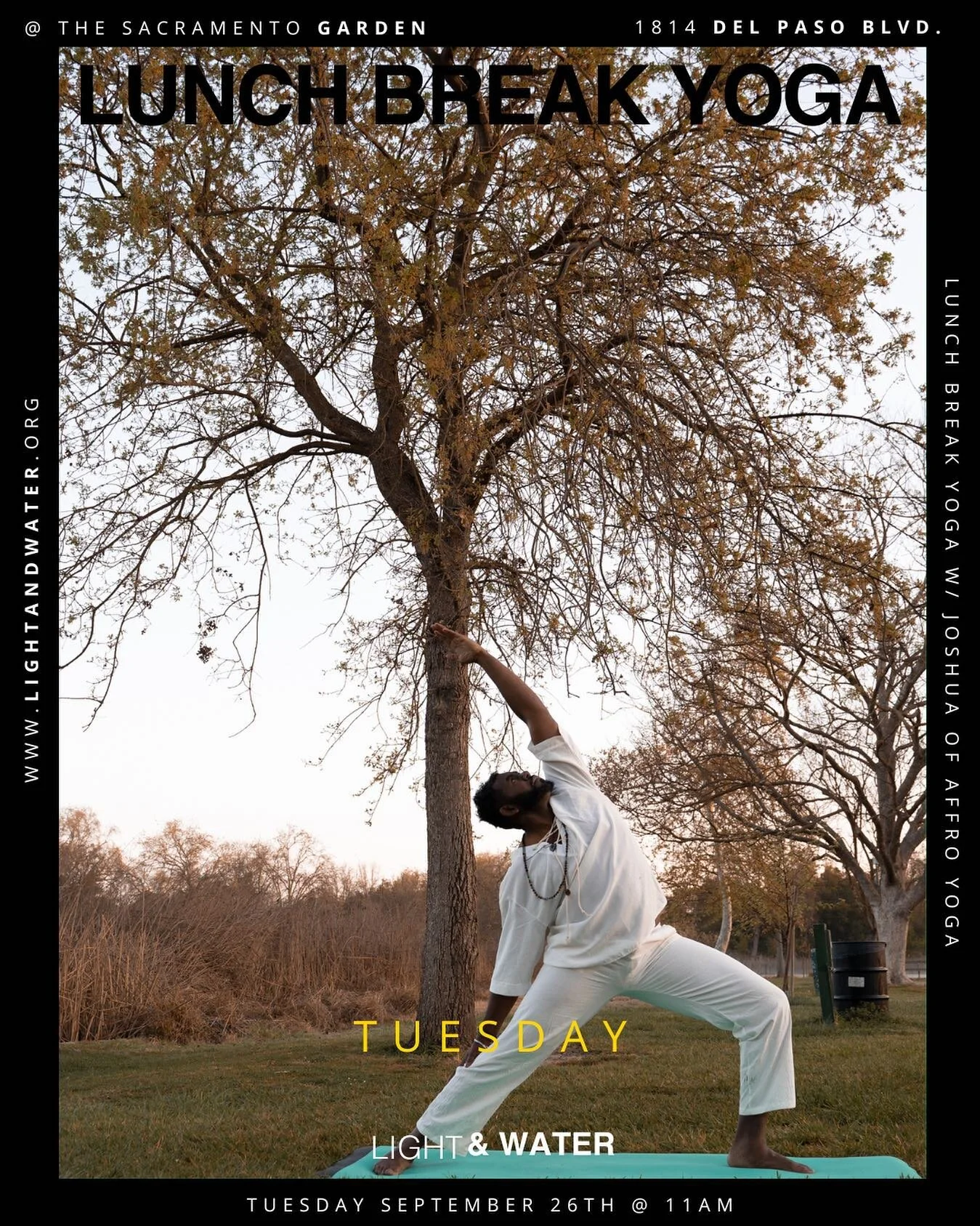 Don't miss out on the #LunchBreakYoga session this coming Tuesday c/o of Joshua...
.
.
.
RSVP link in bio. Sessions are free and we accept donations.
.
.
.
#LunchBreakYoga #TheSacramentoGarden #MadeByLightAndWater #Sacramento