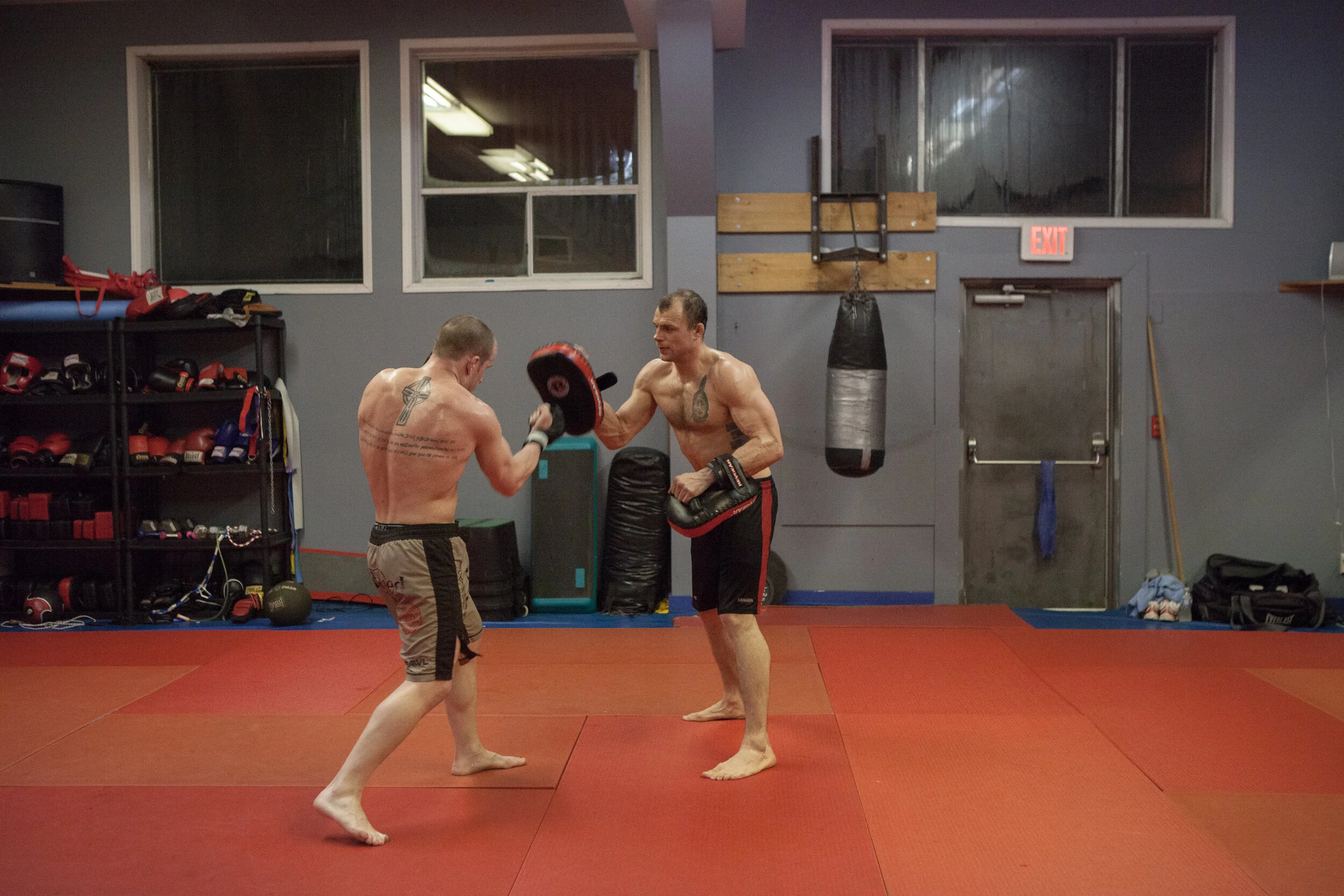  Karl Bergen and Derek Medler spar at Peterec's Gym under the guidance of their trainer Jason Heit in Victoria, Canada.   