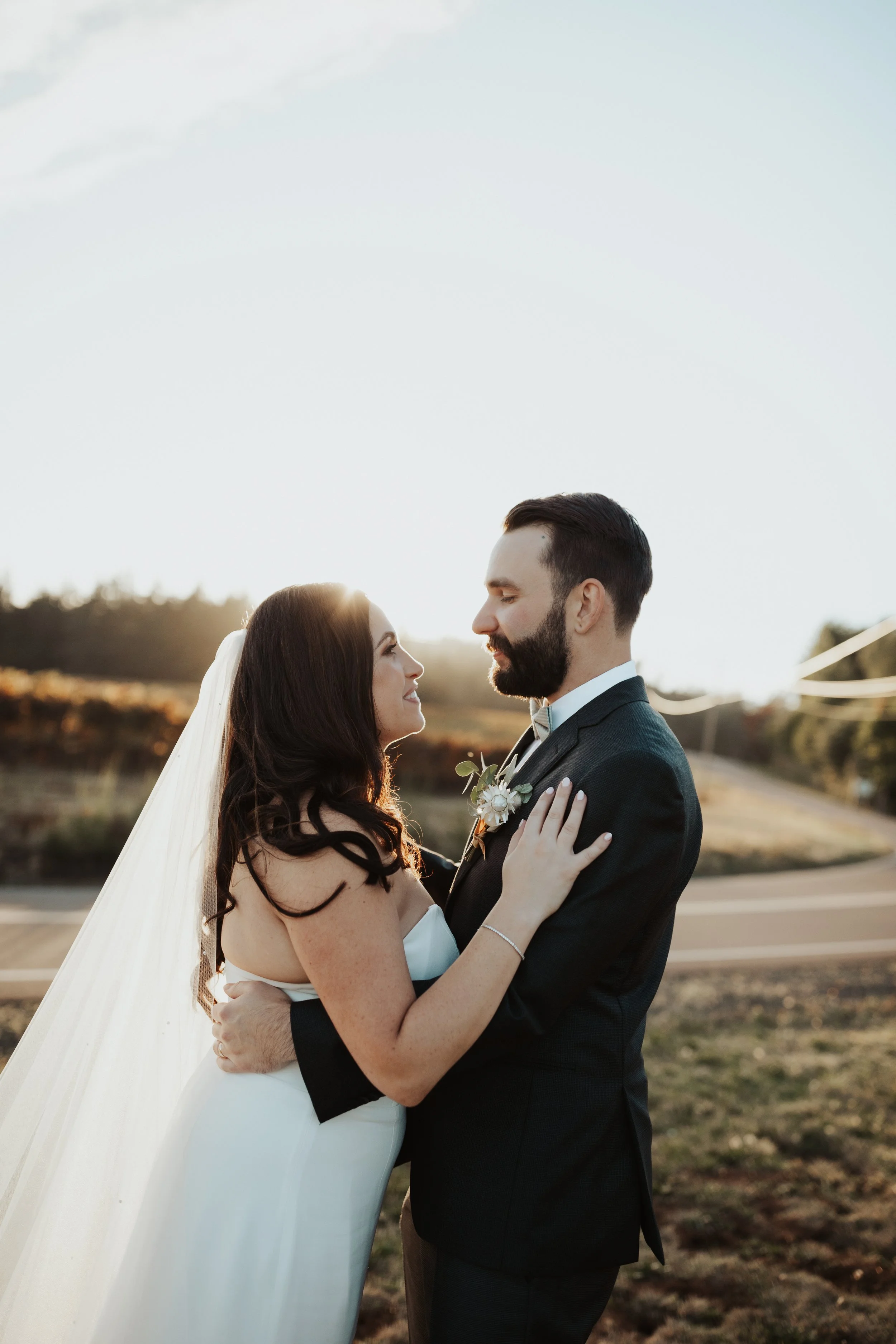 A bride and groom are embracing outdoors during sunset, looking into each other's eyes, with a scenic landscape in the background.
A beautiful editorial wedding 