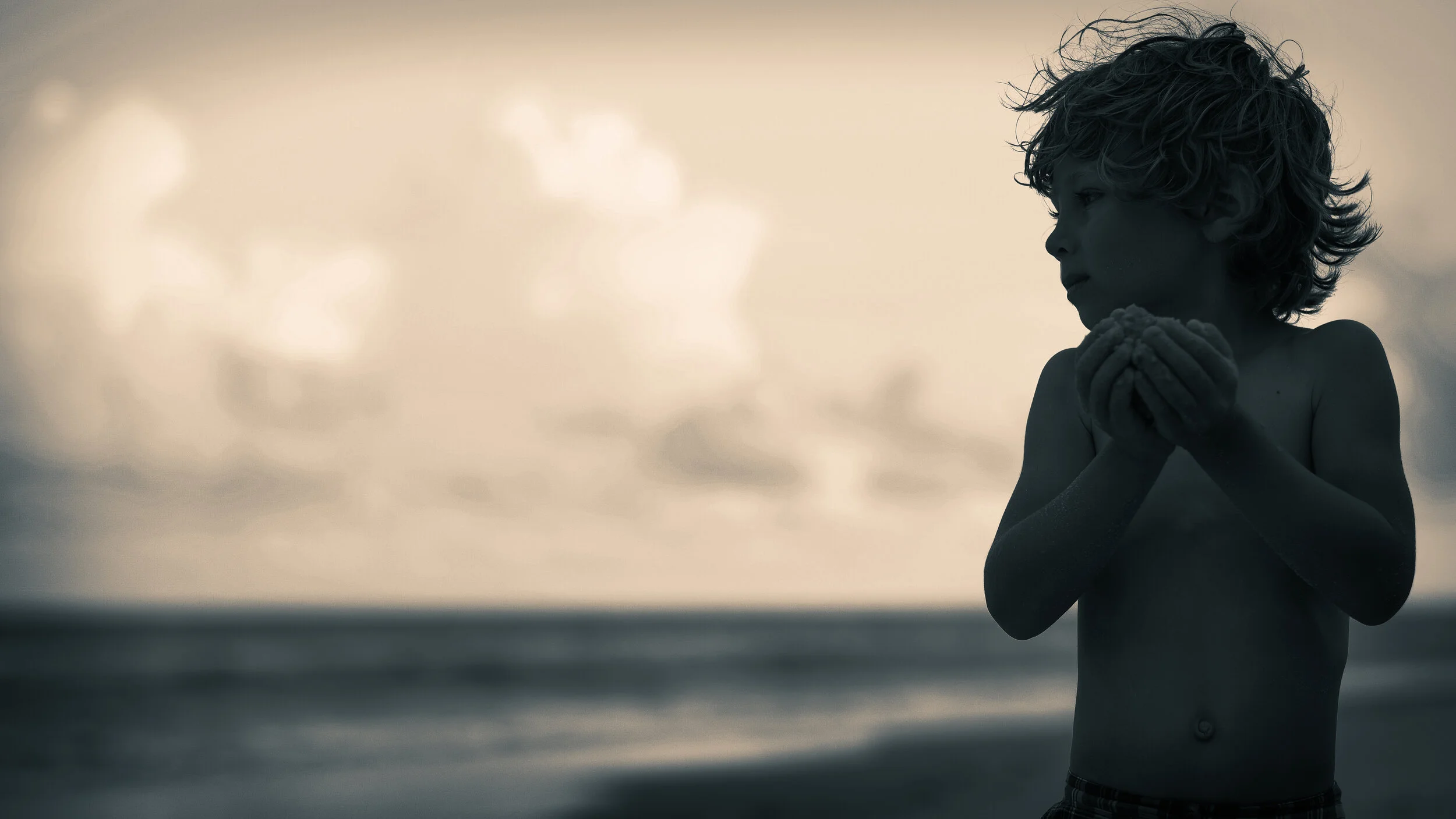 A young boy with curly hair standing on a beach holding a ball, silhouetted against a cloudy sky.