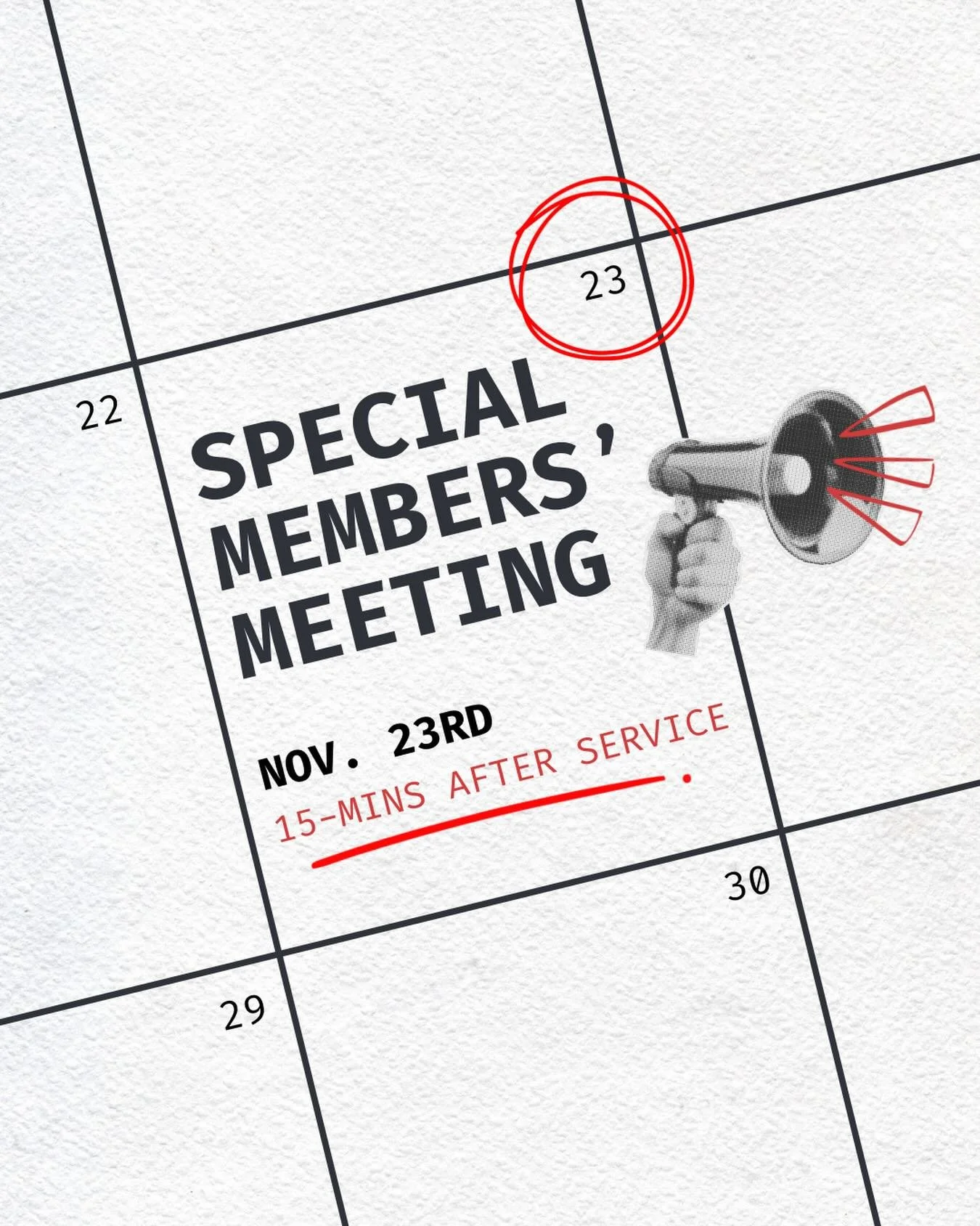 IMPORTANT REMINDER: We will have our Special Members&rsquo; Meeting 15 minutes after service on Sunday!

All members, please make plans to attend as we will be voting on important matters regarding staffing and budget.