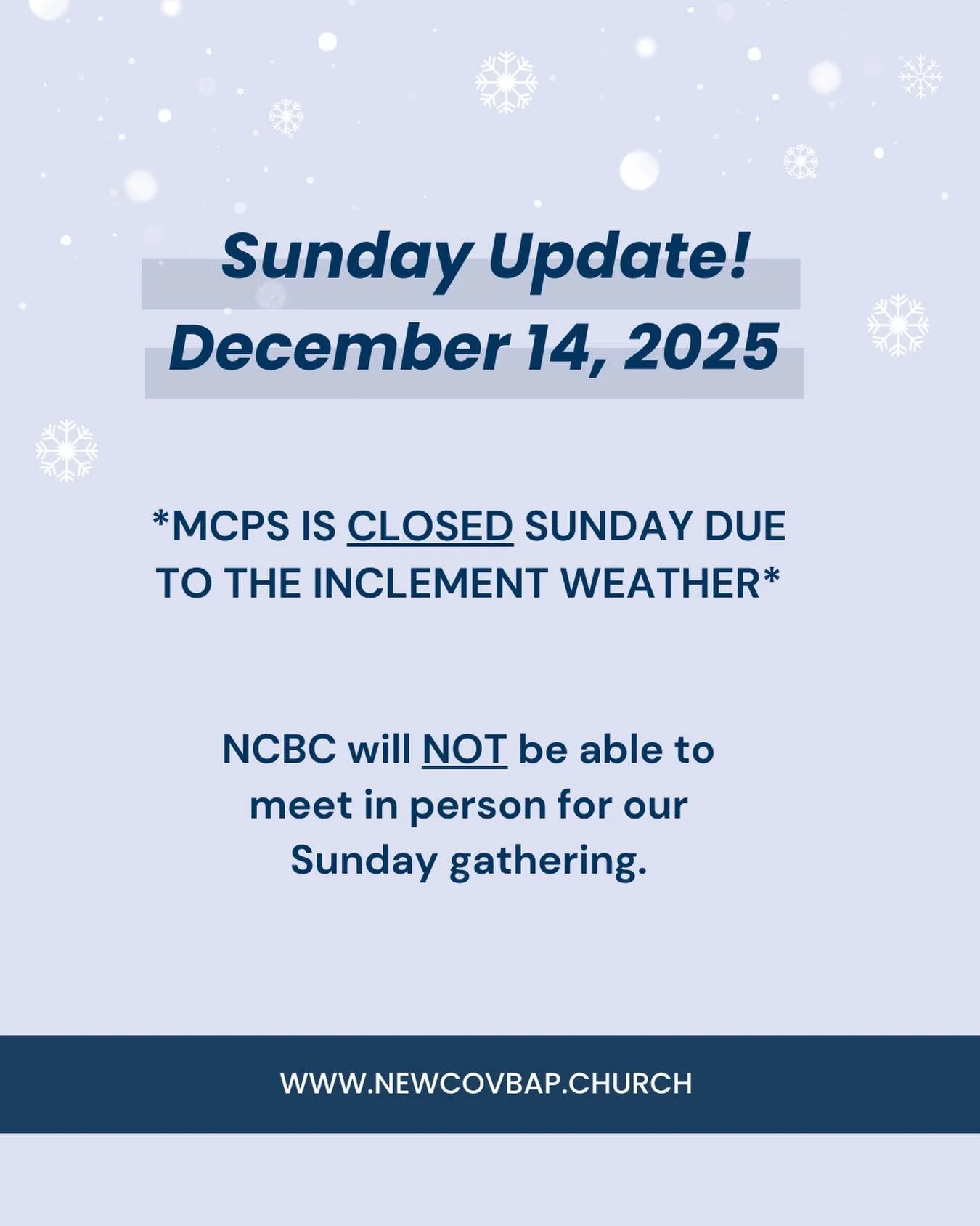 IMPORTANT UPDATE: We will NOT be able to meet at WJHS tomorrow.

Instead, we will have a short devotion &amp; time
of prayer via Zoom on Sunday at 10:30AM. Please email info@newcovbap.church to receive the Zoom link.