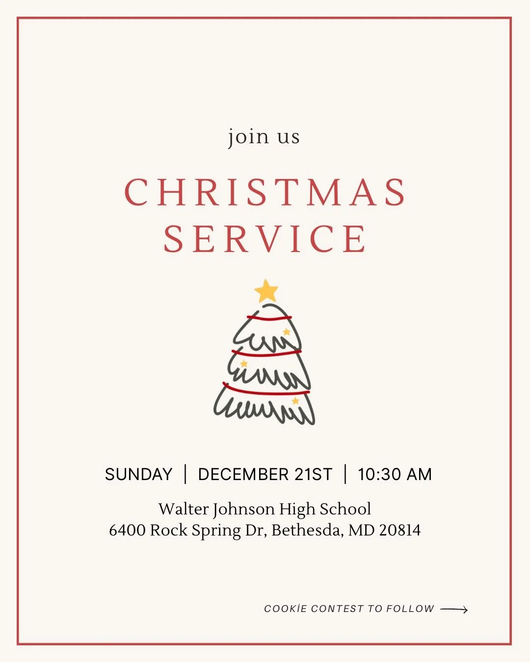 This Sunday, come celebrate the hope of Christmas with us&mdash;the promised King who brings peace, joy, and salvation!

After service, stick around because we&rsquo;ll provide pizza and then have our 3rd Annual Cookie Contest. Bring your best homema