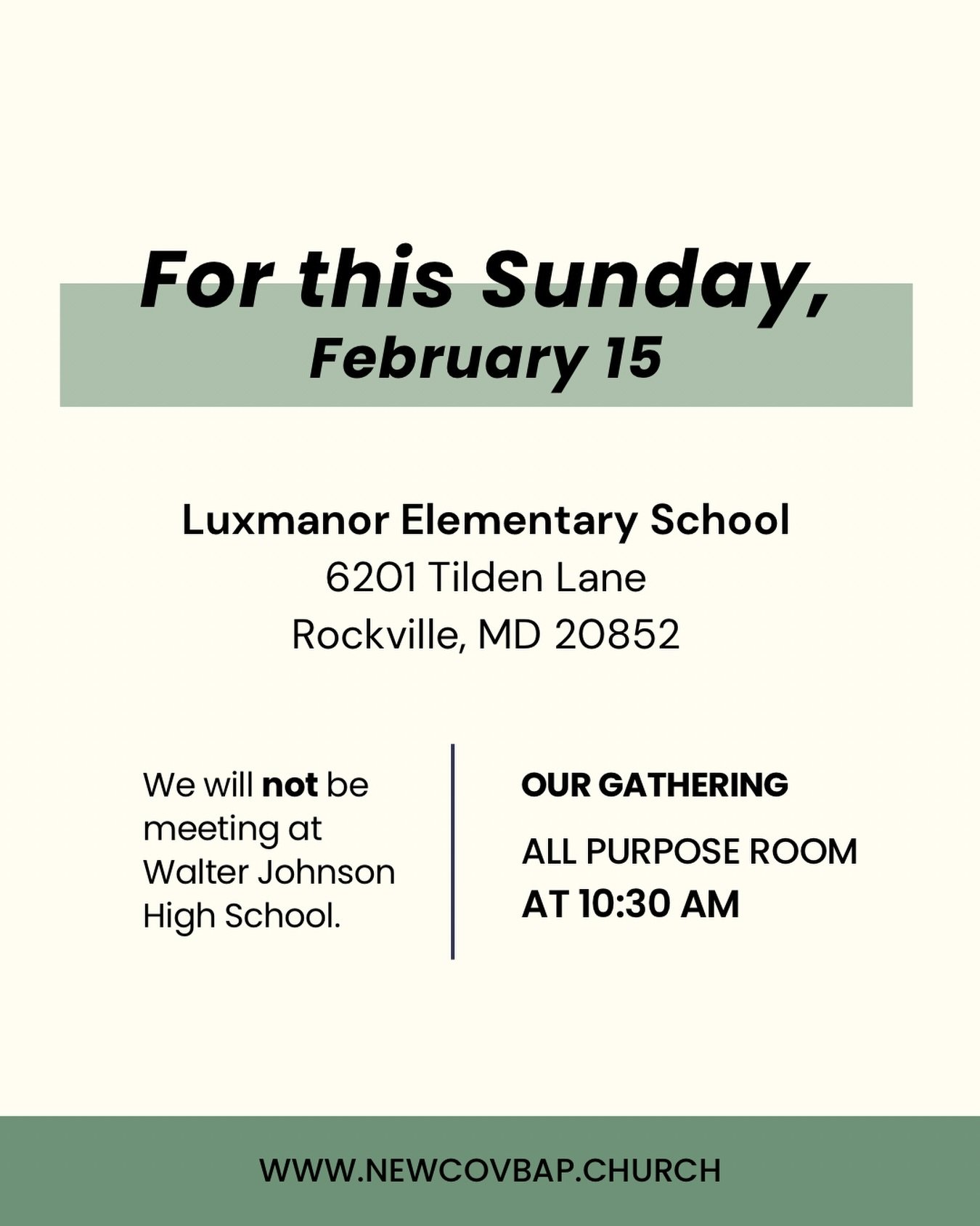 IMPORTANT LOCATION UPDATE!

This Sunday, we will be meeting at Luxmanor Elementary School in the All Purpose Room at 10:30 AM! Spread the word and we look forward to seeing you there!