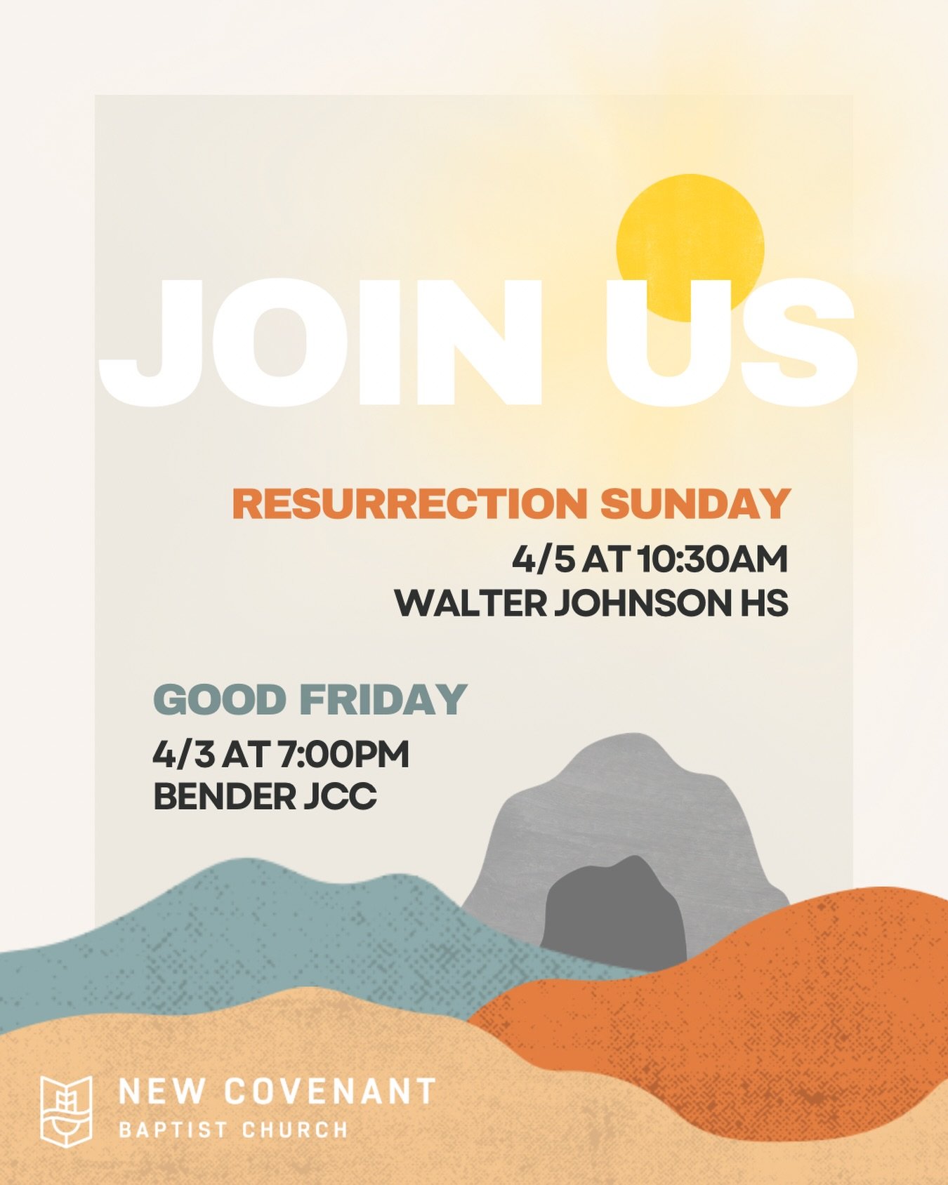 Join us on Good Friday and Resurrection Sunday as we remember what Christ accomplished on the cross and celebrate His victory over sin, Satan, and death.

- Good Friday: April 3rd at 7 PM
📍Bender JCC

- Resurrection Sunday: April 5 at 10:30 AM 
📍Wa