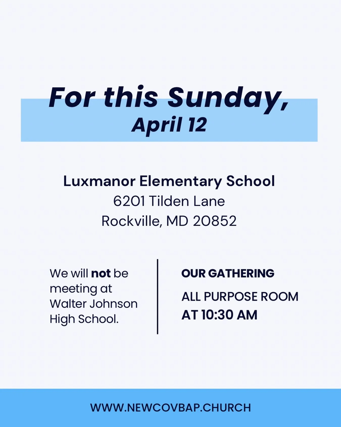 IMPORTANT LOCATION UPDATE!

This Sunday, we will be meeting at Luxmanor Elementary School in the All Purpose Room at 10:30 AM! Spread the word and we look forward to seeing you there!