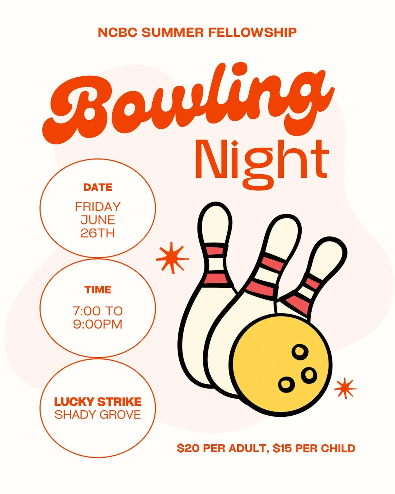 Join us for a time of fellowship and friendly competition at Lucky Strike Rockville 🎳 All are welcome!

🗓️Friday, June 26
🕐&nbsp;7:00&ndash;9:00 PM

📍 LUCKY STRIKE ROCKVILLE
15720 Shady Grove Road
Gaithersburg, MD 20877

Register at the link in o