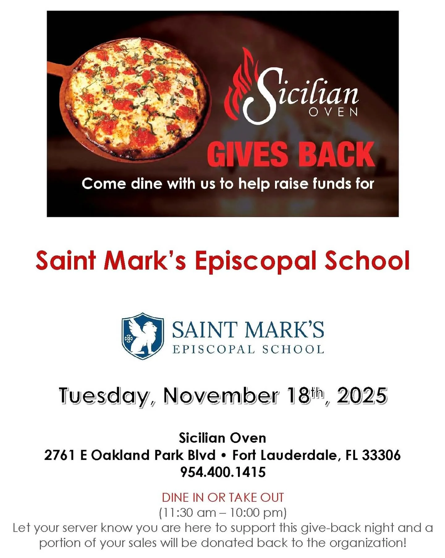 Have some fun and support Saint Mark's! 

🍝 Sicilian Oven Giveback Night &ndash; 

TOMORROW- Tuesday, November 18th - Dine in or take out from Sicilian Oven on November 18th, and proceeds will benefit Hurricane Melissa Relief efforts supported by th