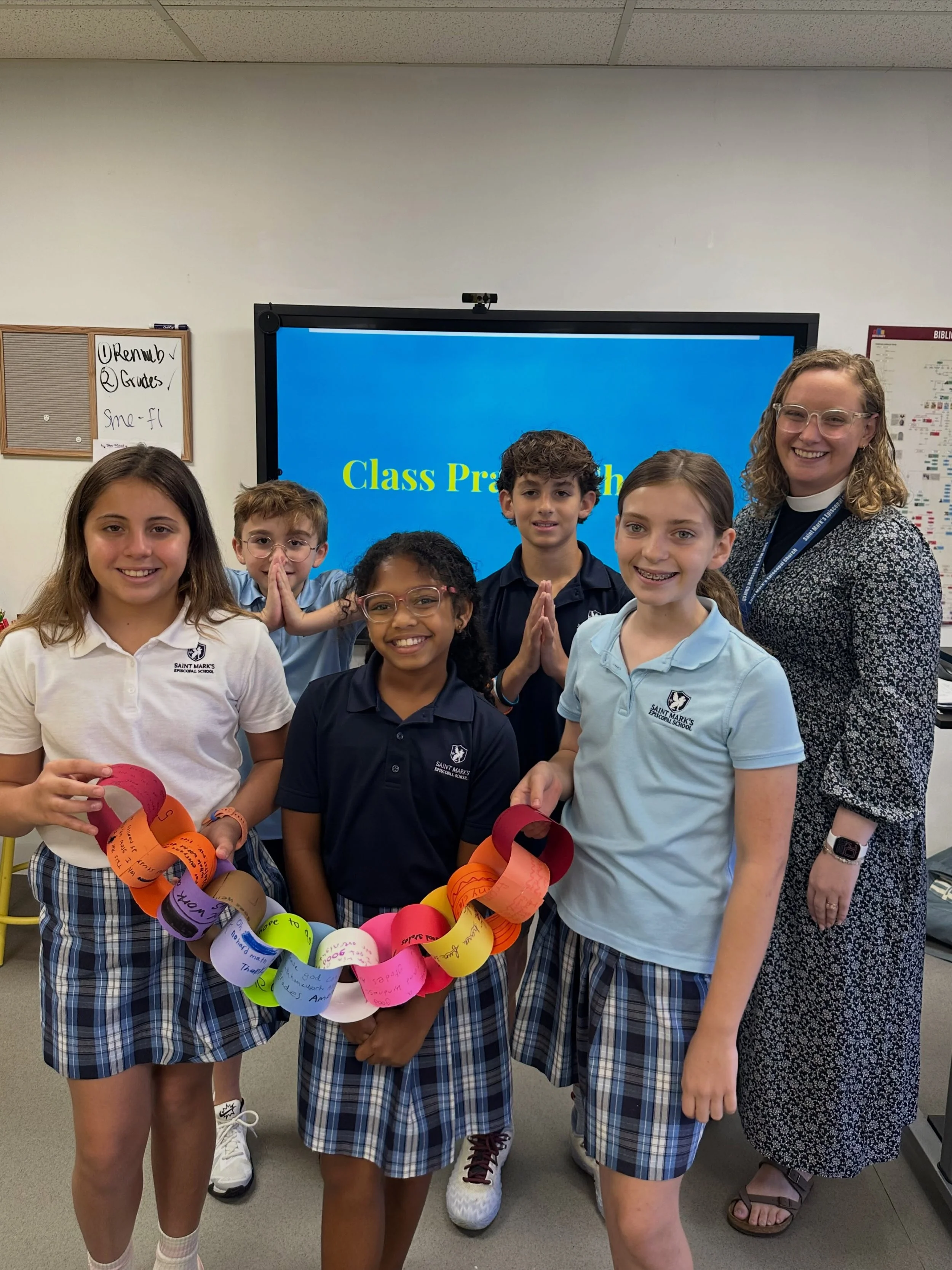 Class Prayer Chains

Chaplain Molly&rsquo;s 5th Grade Introduction to Religious Studies are putting their faith and learning into practice with their first unit of Spiritual Life! 

After learning about different kinds of prayer, students transformed