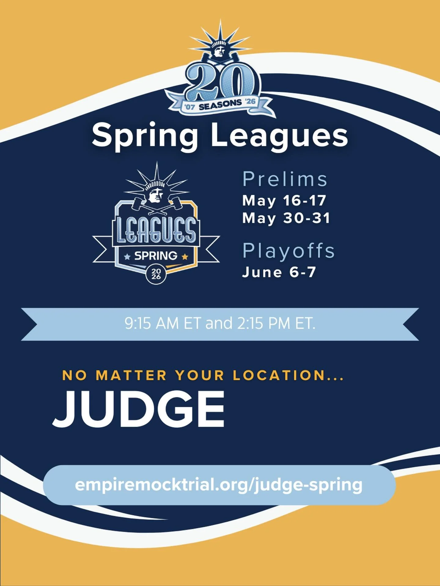 📣JUDGE ONLINE NEXT WEEK 📣

The Spring Leagues kick off next Saturday with 60 teams in the Sapphire League! We are calling on all mock trial coaches, alumni, law students, lawyers &amp; judges to join us for a weekend of top notch competition!

💻 A