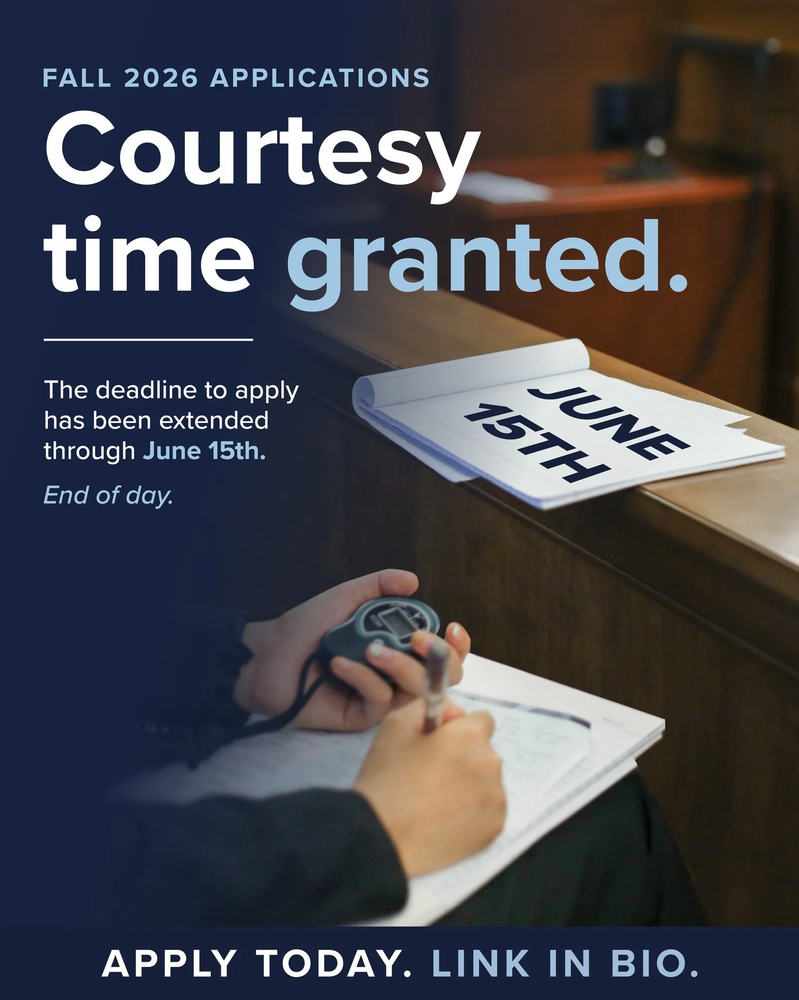 The clock has not run out.

It is not too late to secure your spot at an Empire Mock Trial experience this fall.

Courtesy time has been granted for Fall 2026 applications. Teams now have until June 15 at the end of the day to submit.

Apply today at