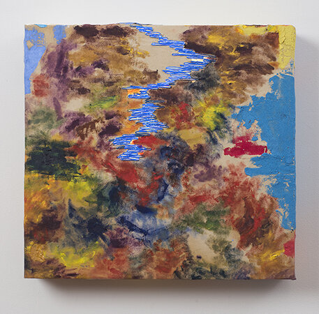    Kianja Strobert,  the river and the light , 2016. EL wire, oil paint, sand on canvas, 18 x 18 x 3.5 inches.         