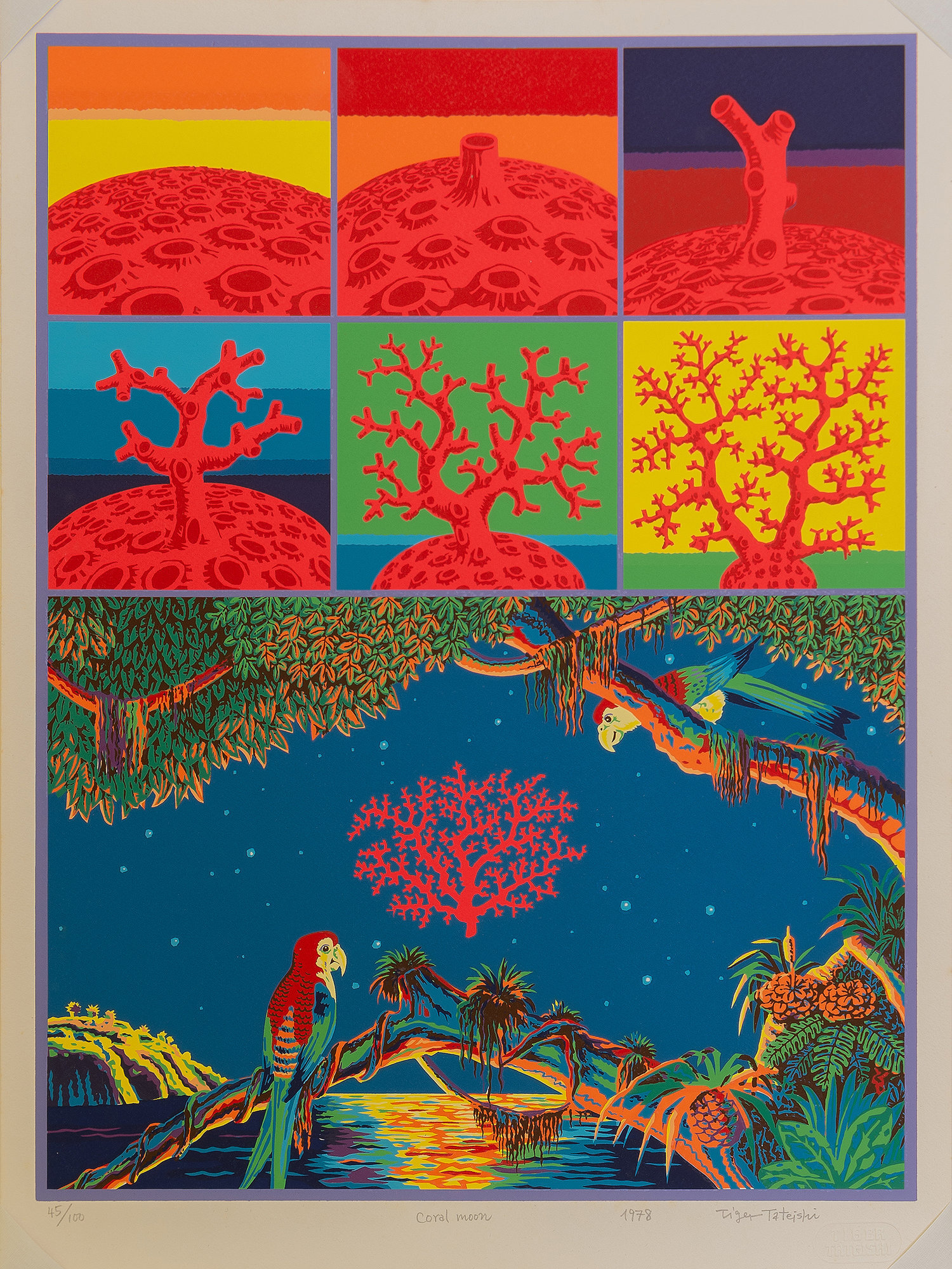  Tiger Tateishi,  Coral Moon , 1978. Silk screen on paper, 18-1/8 x 13-7/16 inches (unframed dimensions).         
