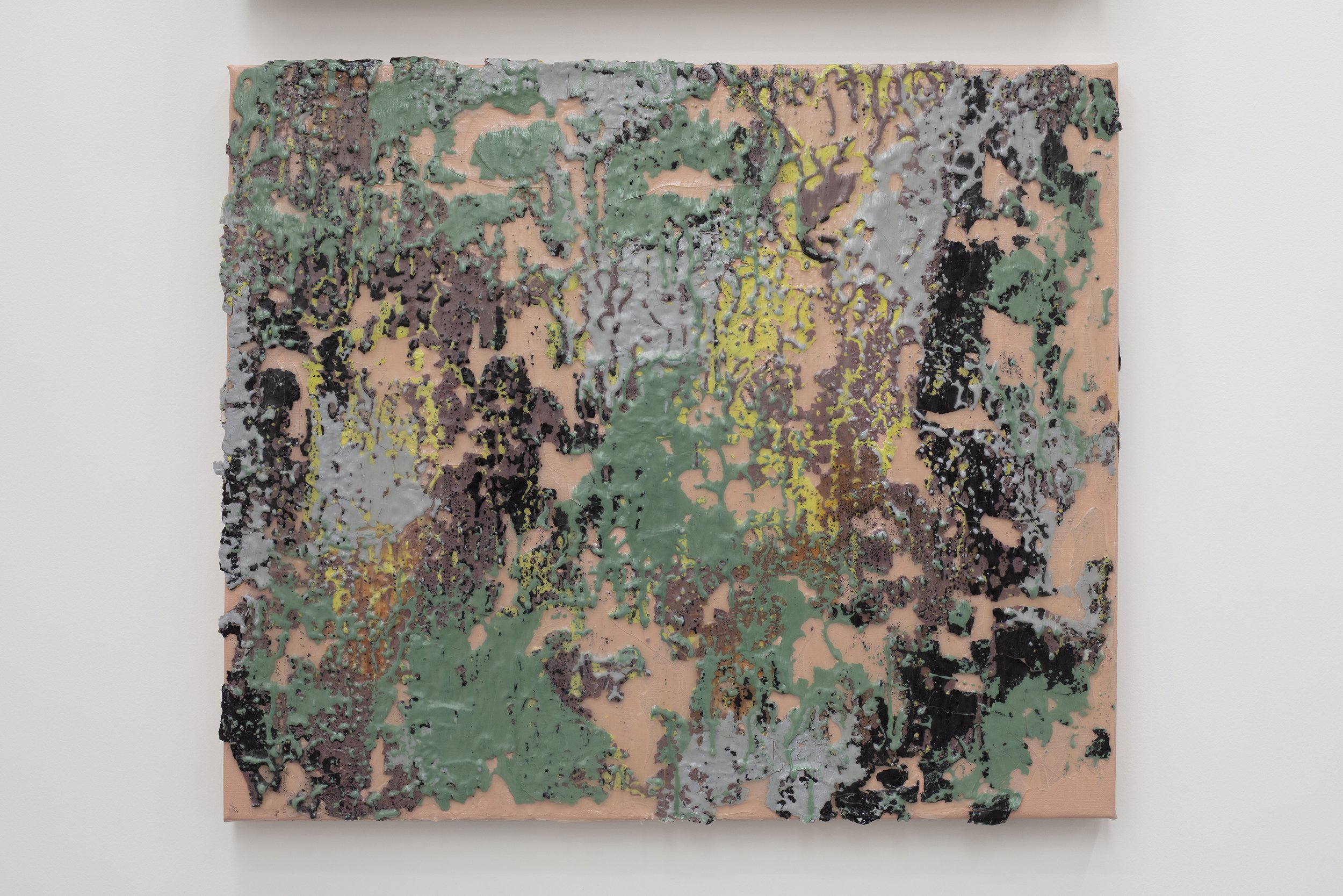  Jorge Elbrecht,  Repulsion Shelter (Dispersed) , 2022. Mixed media on linen, 22 x 25.5 x 2 inches (56 x 65 x 10 cm). 