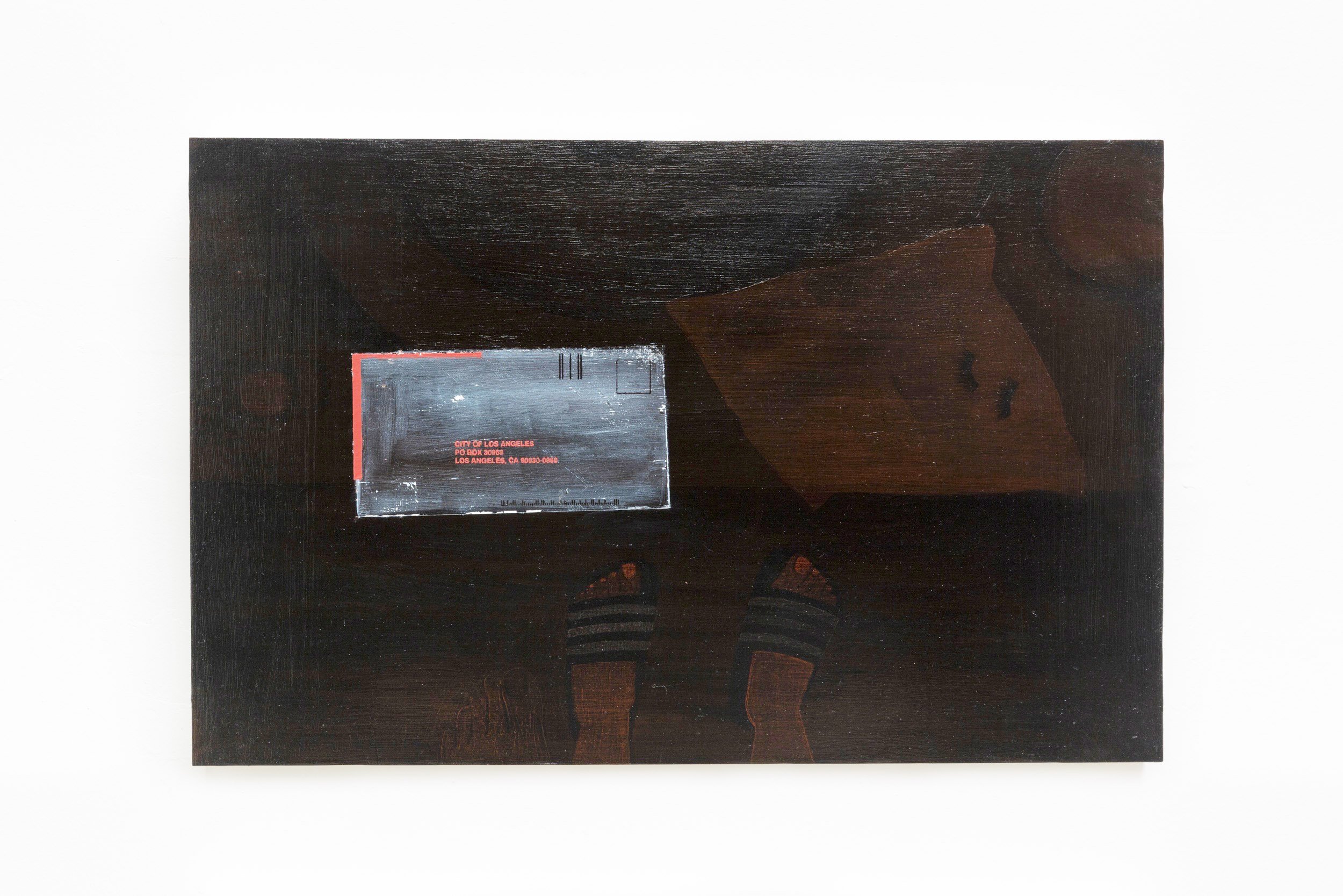  Saj Issa,  The Shape of Delinquency , 2022. Oil paint on wooden panel, 15 x 24 x 2 inches (38 x 61 x 5 cm). 