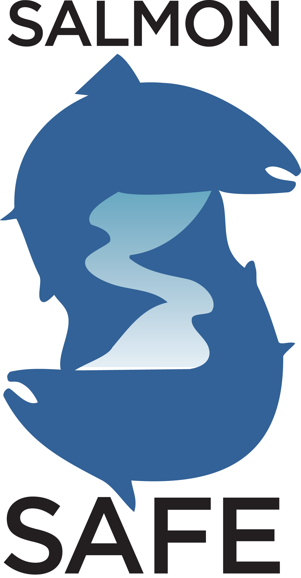 A stylized blue salmon with a light blue river inside it, the words 'SALMON SAFE' in black text above and below the fish.