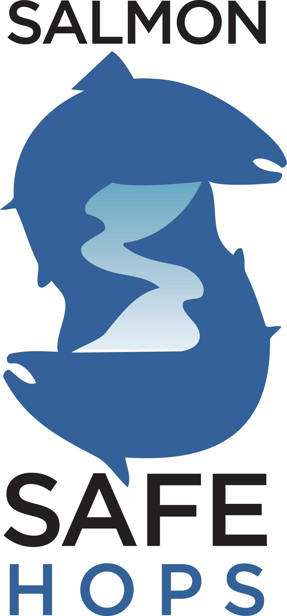 Graphic logo with two blue salmon silhouettes forming a circle, with a white pipeline or river in the center. The text "SALMON SAFE" is at the top and bottom, with "SALMON" in black and "SAFE" in black, and "HOPS" in blue at the bottom.