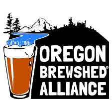 Logo of Oregon Brewshed Alliance featuring a beer glass and a mountain landscape in black and white.