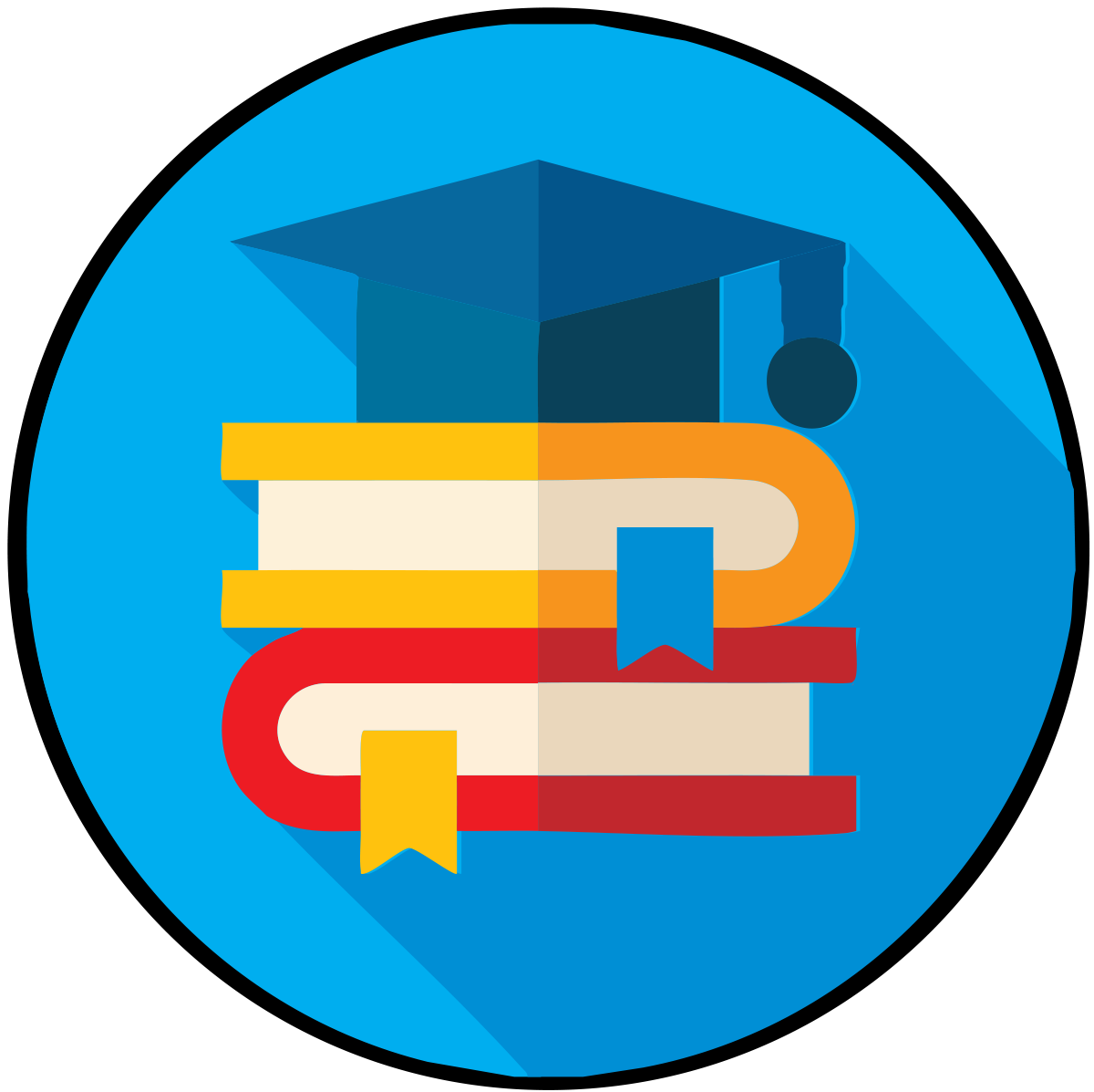 Illustration of stacked books with a graduation cap on top, inside a blue circular background.