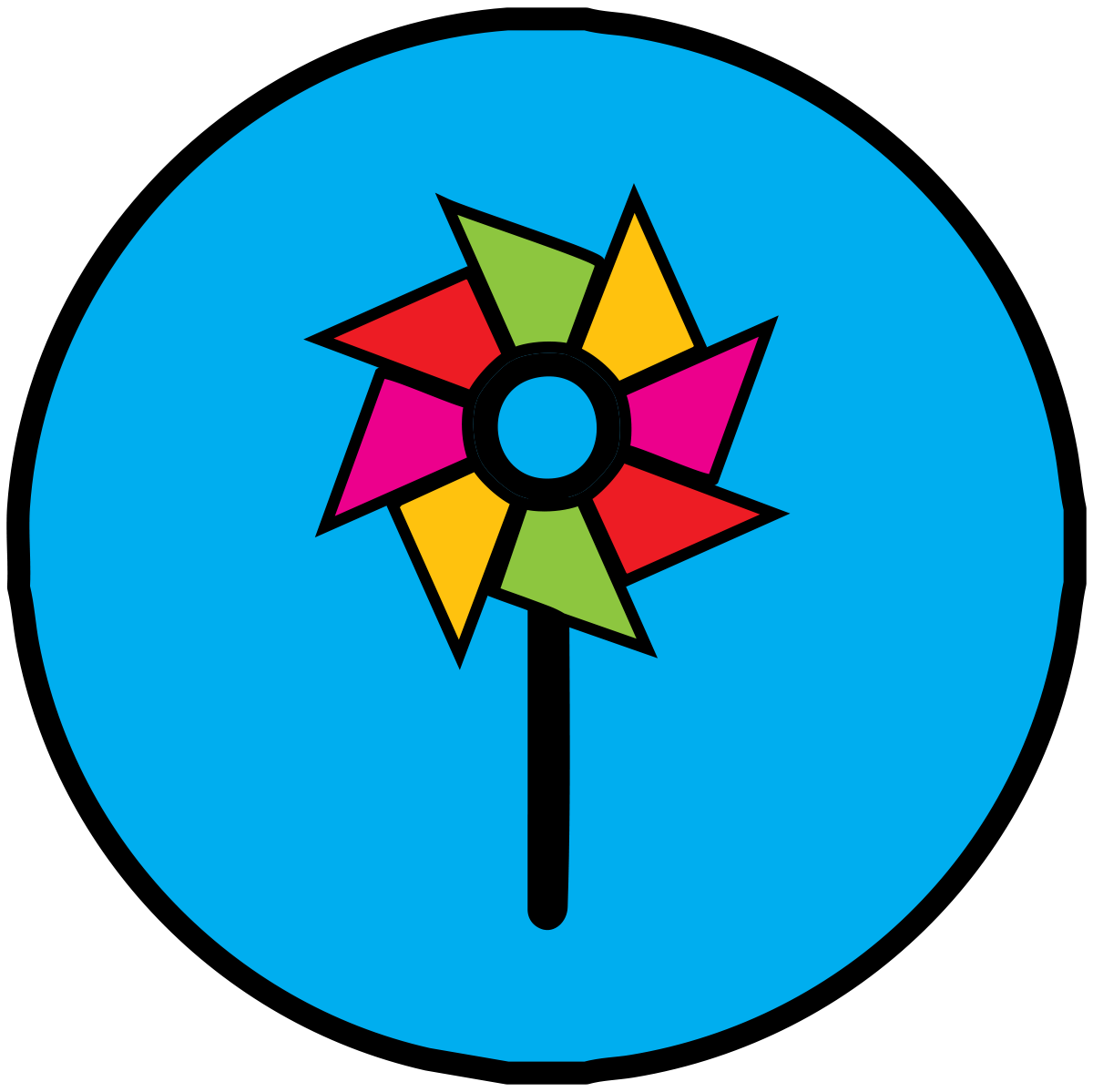 Colorful pinwheel with six blades in green, yellow, pink, and red, on a black stick, within a blue circle.
