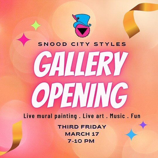 THiS FRiday ~ #3rdfriday ✨

Come kick it w the @snood_city_styles squad and check out the new shop arrangement ~ which now includes a gallery wall 🌟🖼🌟 

Art from Snood City residents will be on display and outside on the mural wall artists will be