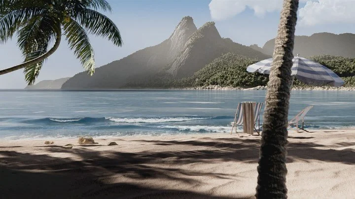 The Rio beach scene was an interesting challenge to make convincing while also staying cohesive within the art direction I set. It required a lot of different testing with landscape generation, wave simulation, and atmospheric perspective. Heart-fill
