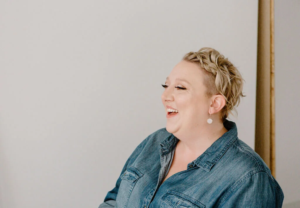 Lady in blue denim jacket laughing I Elopement in Kitchener Waterloo by CK &amp; Co Events