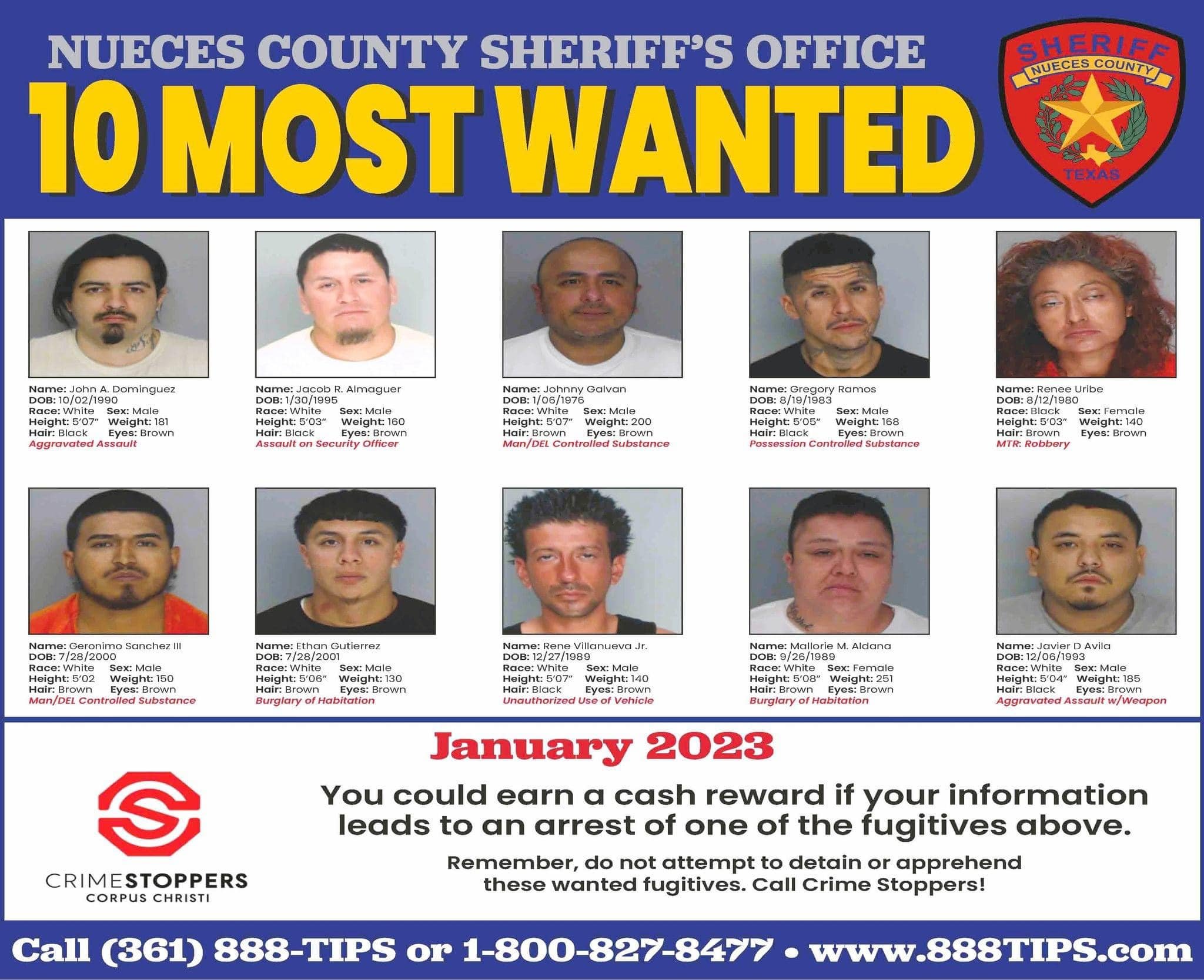 Nueces County 10 Most Wanted Jan. 2023 — South Texas Community News