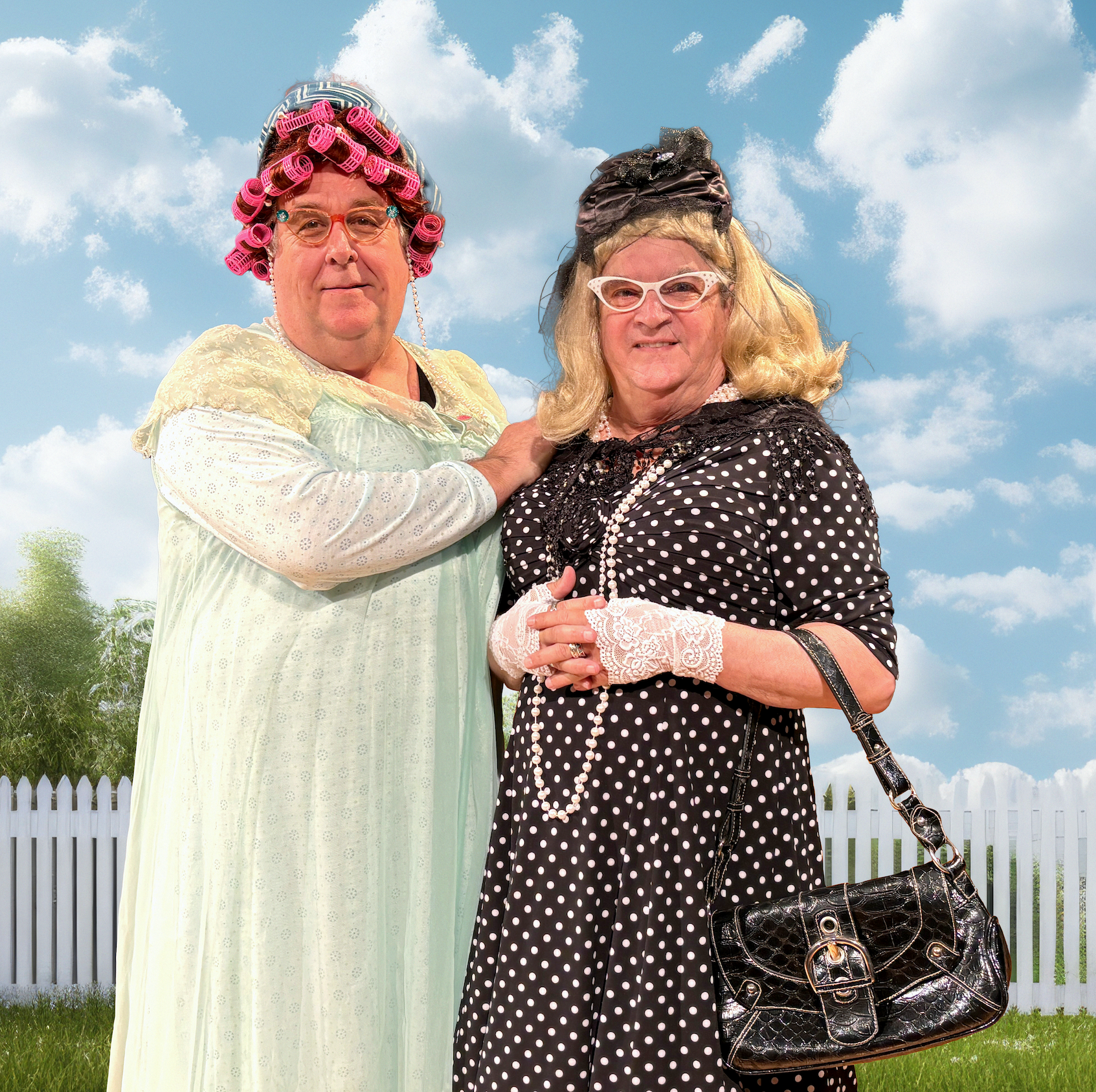  Drama Professors Carl Yowell, shown left as Bertha Bumiller, and Drama Professor and Art &amp; Drama Department Chair Kim Frederick, shown right as Vera Carn, will come together to perform all 22 characters represented in this satirical look at smal