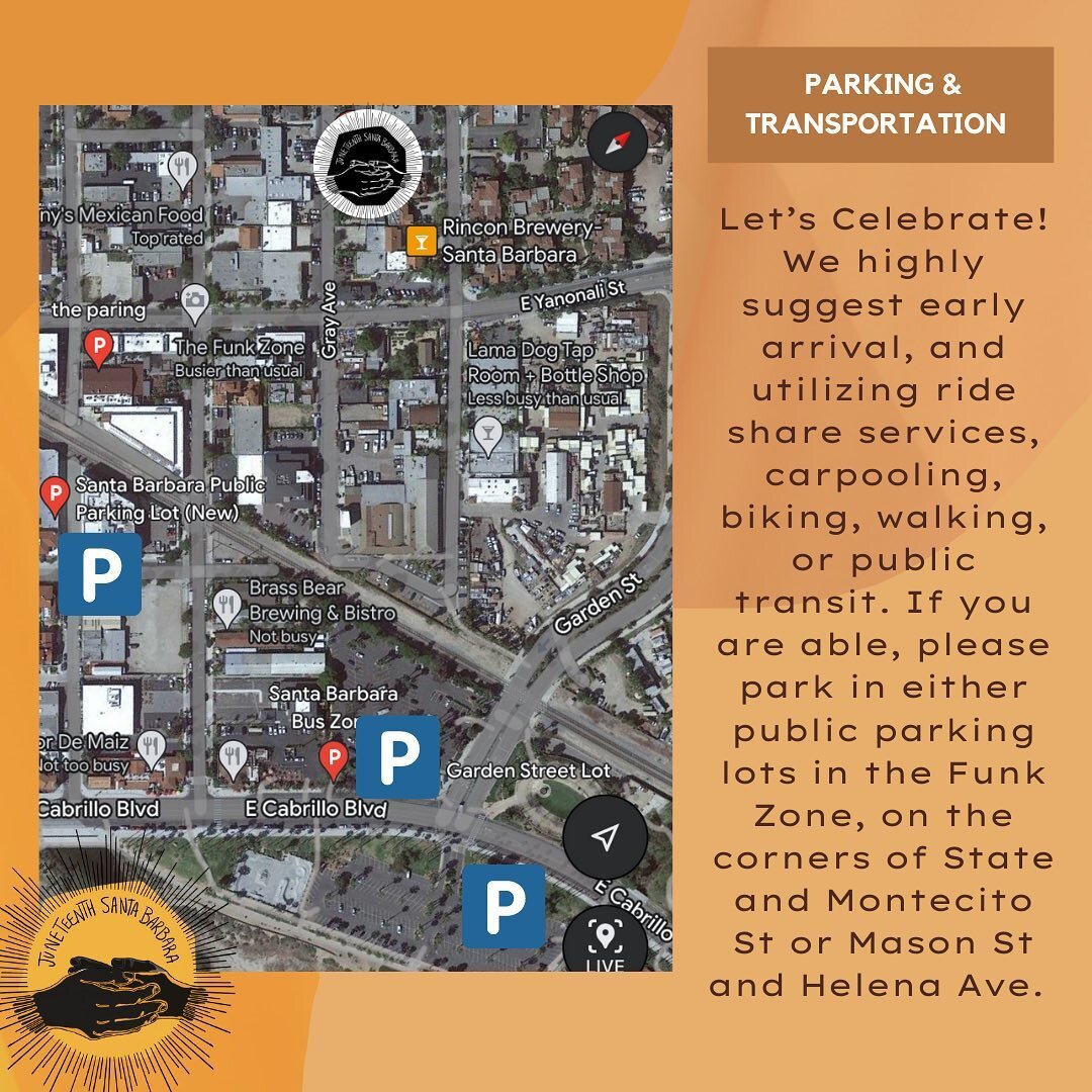 @cityofsb Parking and Transportation: Let&rsquo;s Celebrate!
We highly suggest early arrival, and utilizing ride share services, carpooling, biking, walking, or public transit. If you are able, please park in either public parking lots in the Funk Zo