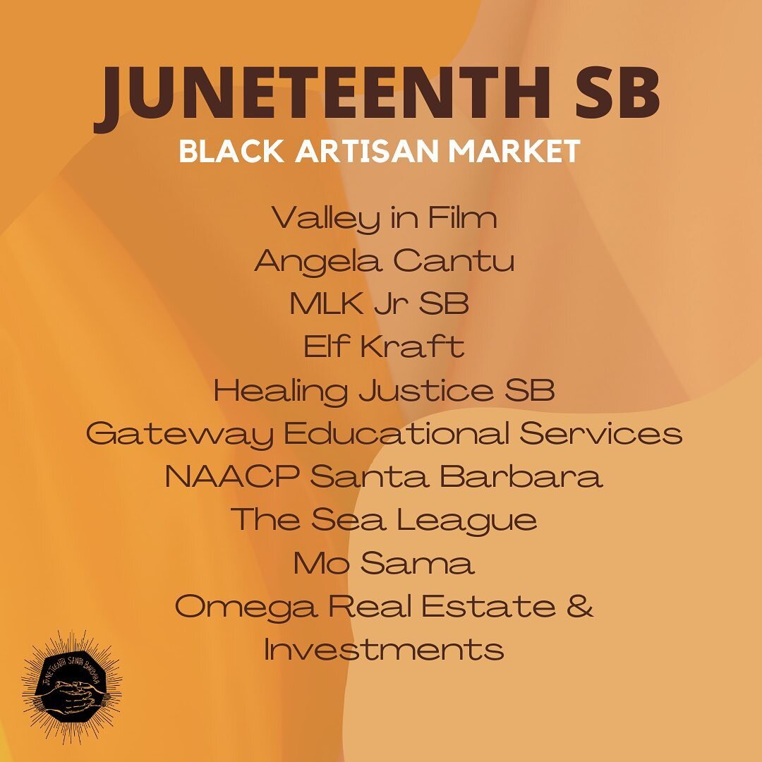 Updated Black Artisan Market Vendor List!
R-Evolution: Dialogues in the Diaspora 
Paper and String Jewelry
Healing Space (UCSB)
High Resonance Rocks 
Black in Cannabis SB
Madi's Treasure Box
Planned Parenthood
SB Public Health
Warrior Mother Essentia