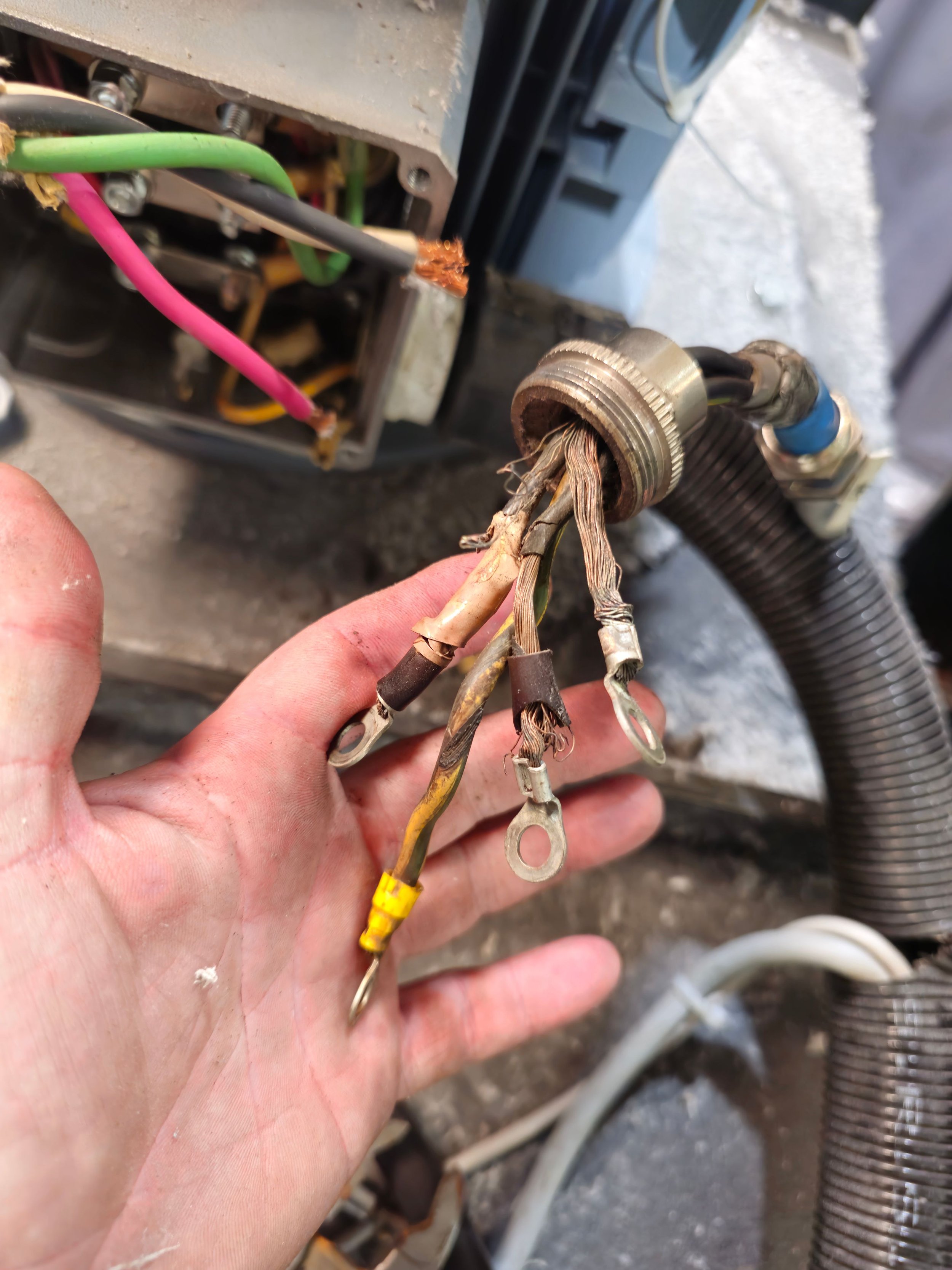 A person's hand holding a set of electrical wires with terminals, disconnected from a mechanical or electrical device, with a metal enclosure and wiring in the background.