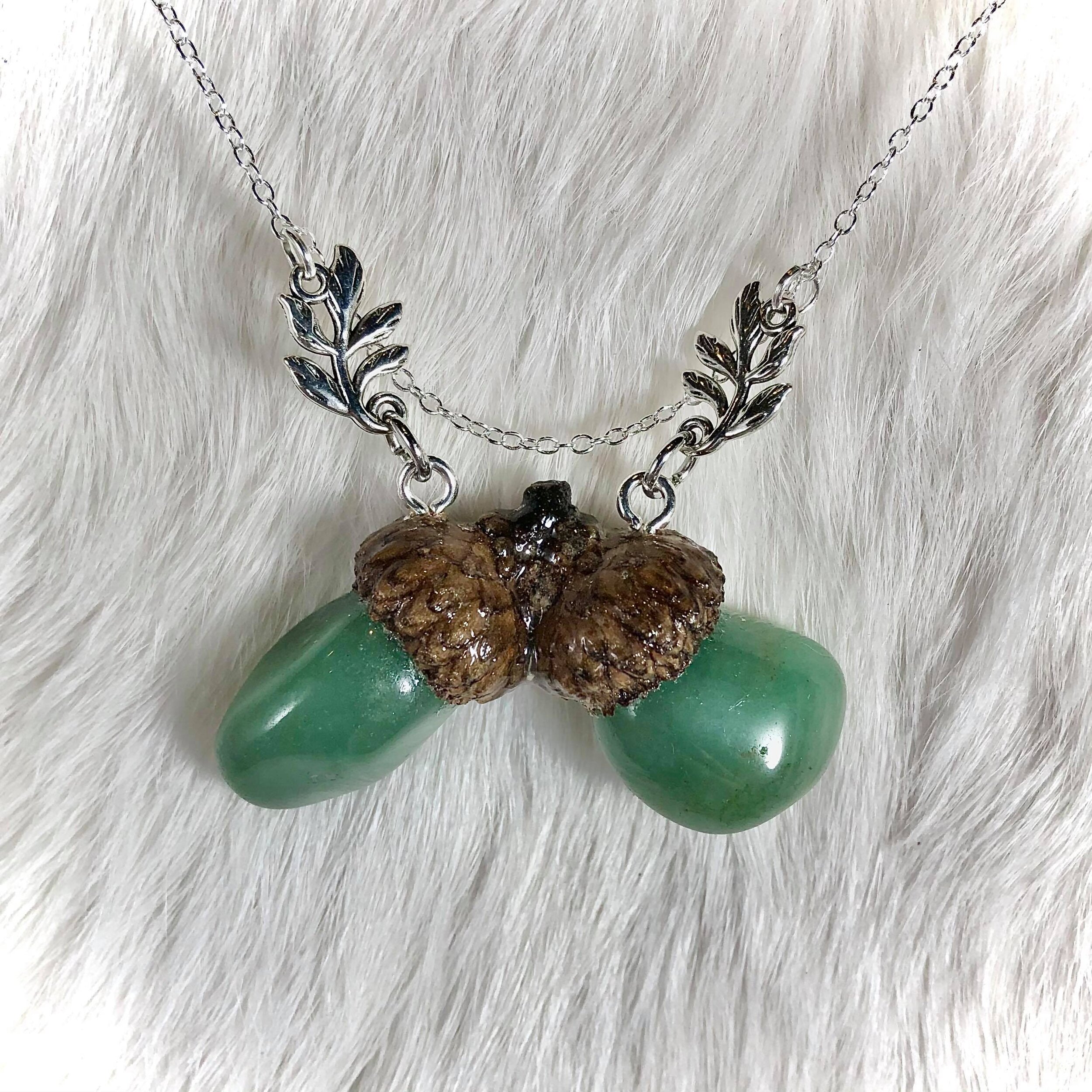 Green Aventurine Acorn Necklace, with One of A Kind Fused Double Acorn Cap and Silver Leaf Pendents 