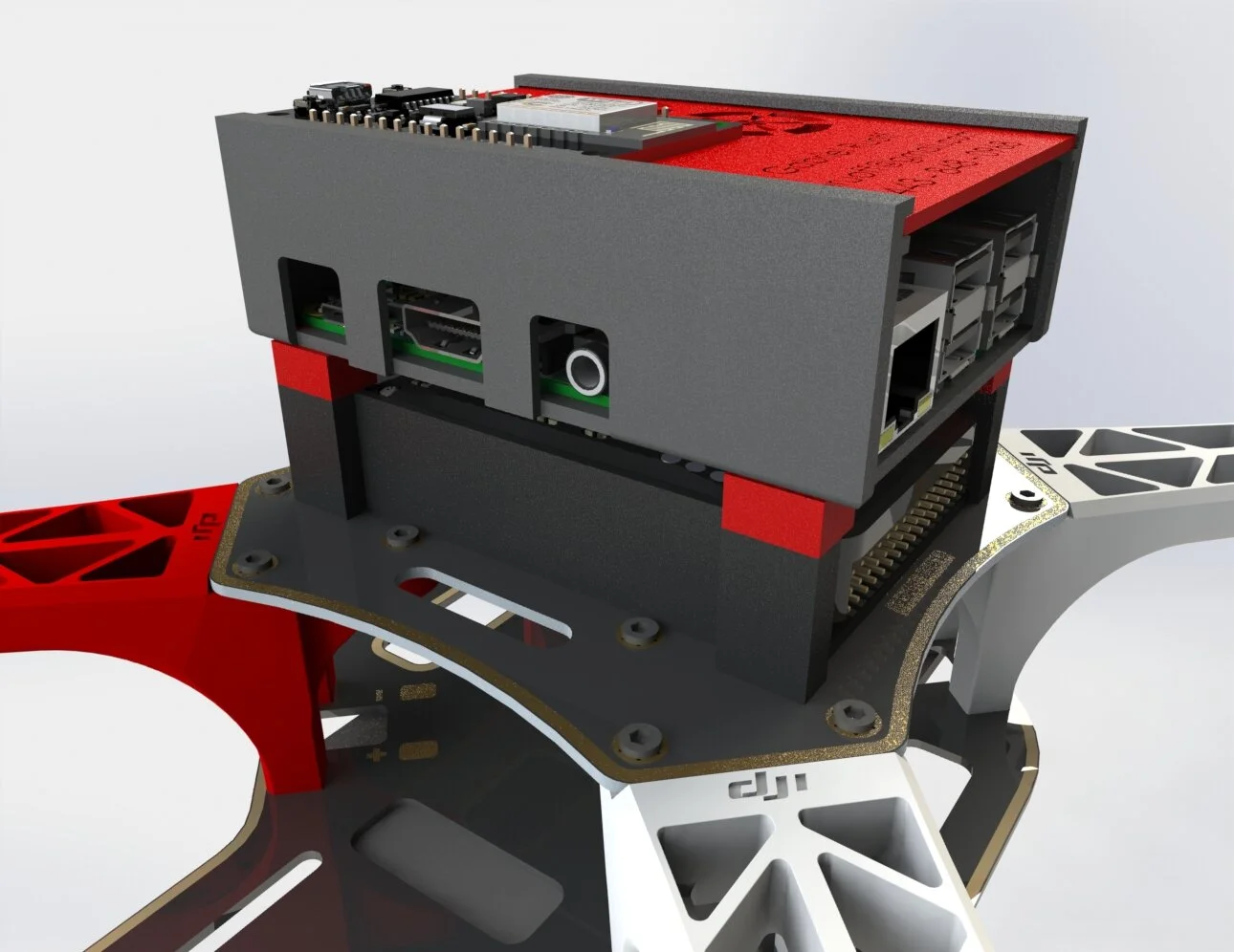 The drone is equipped with a Pixhawk 4, Raspberry Pi 3, and esp8266