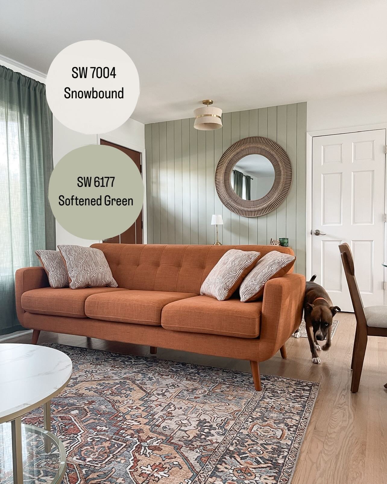 A fresh new look for this cozy living room 🤍✨
We used Sherwin-Williams Snowbound (walls) for a soft, warm neutral and Iron Softened Green (paneling) to ground the space with contrast and depth. The perfect balance of calm and pop of color! 

Save th