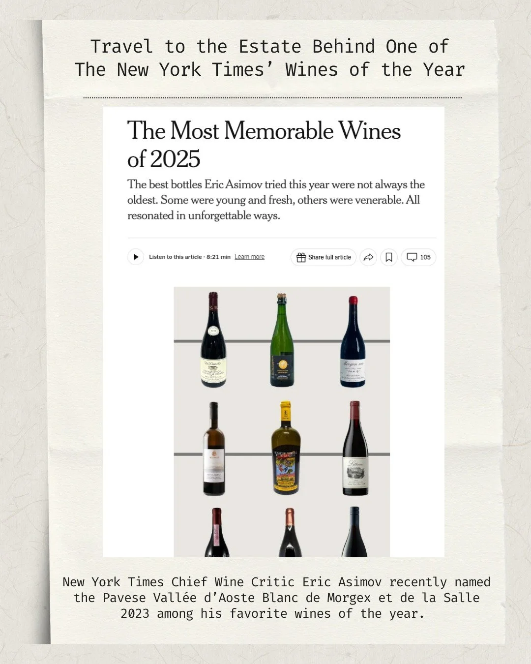 Pavese's Blanc de Morgex et de la Salle makes it as one of @thenytimes' wines of the year!
Don't miss your chance to apr&egrave;s with the iconic grower Ermes Pavese in the Alps during our Tour du Mont Blanc ski trip. Plan now, because 2026 should be