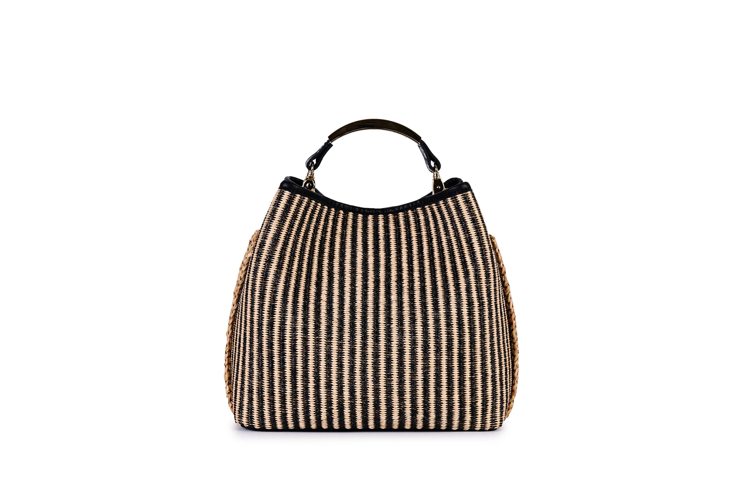 Striped Raffia Bucket Bag, by ViaMailBag Black:Natural 1.jpg