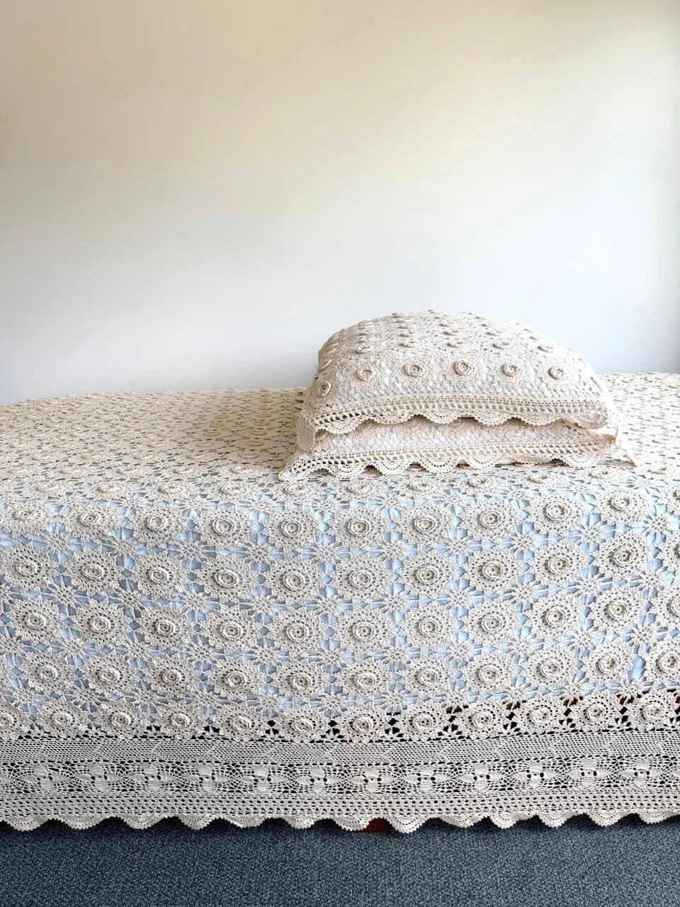 Antique Cream Crocheted Coverlet with Shams