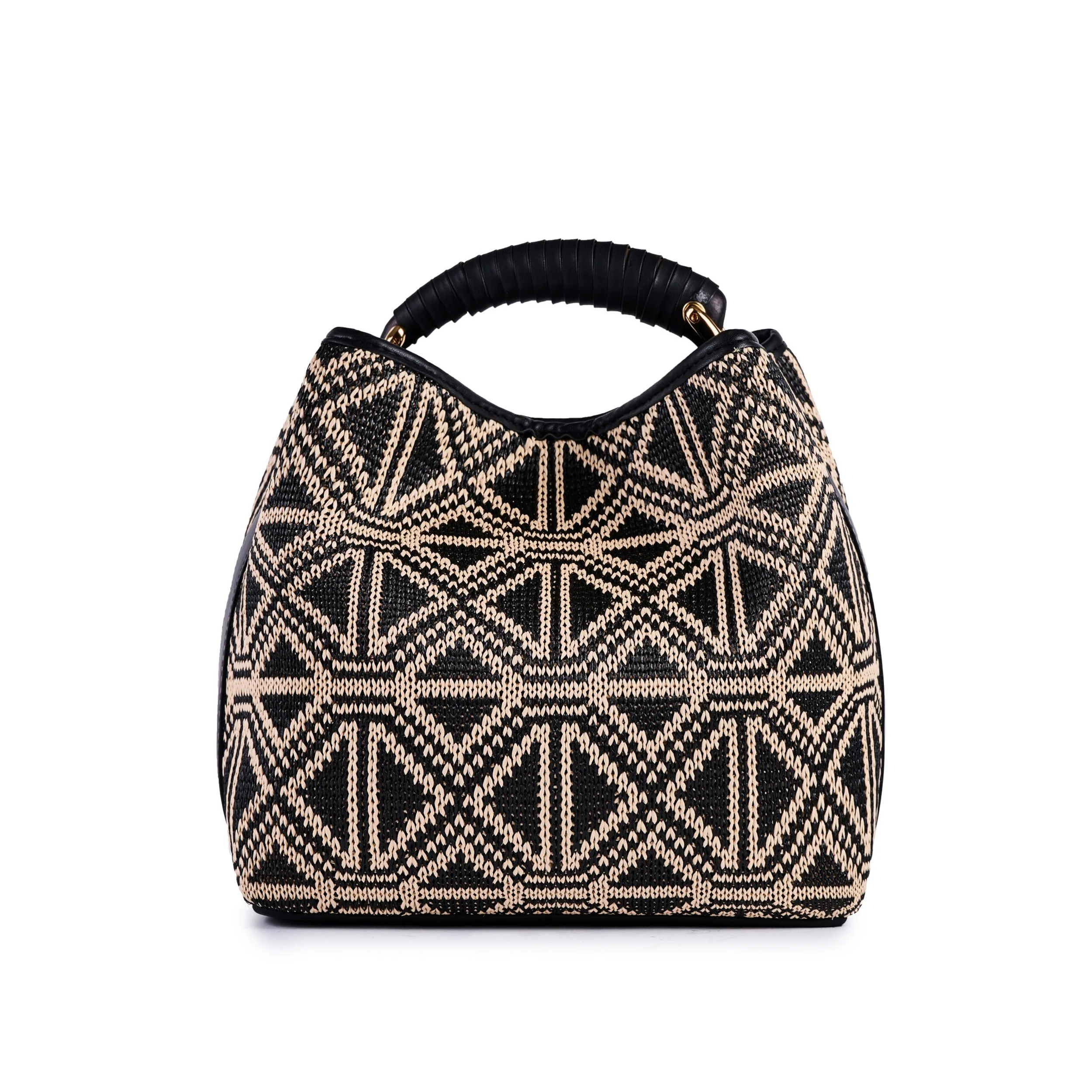 Patterned Rafia Bucket Bag, by ViaMailBag Black 2.jpg