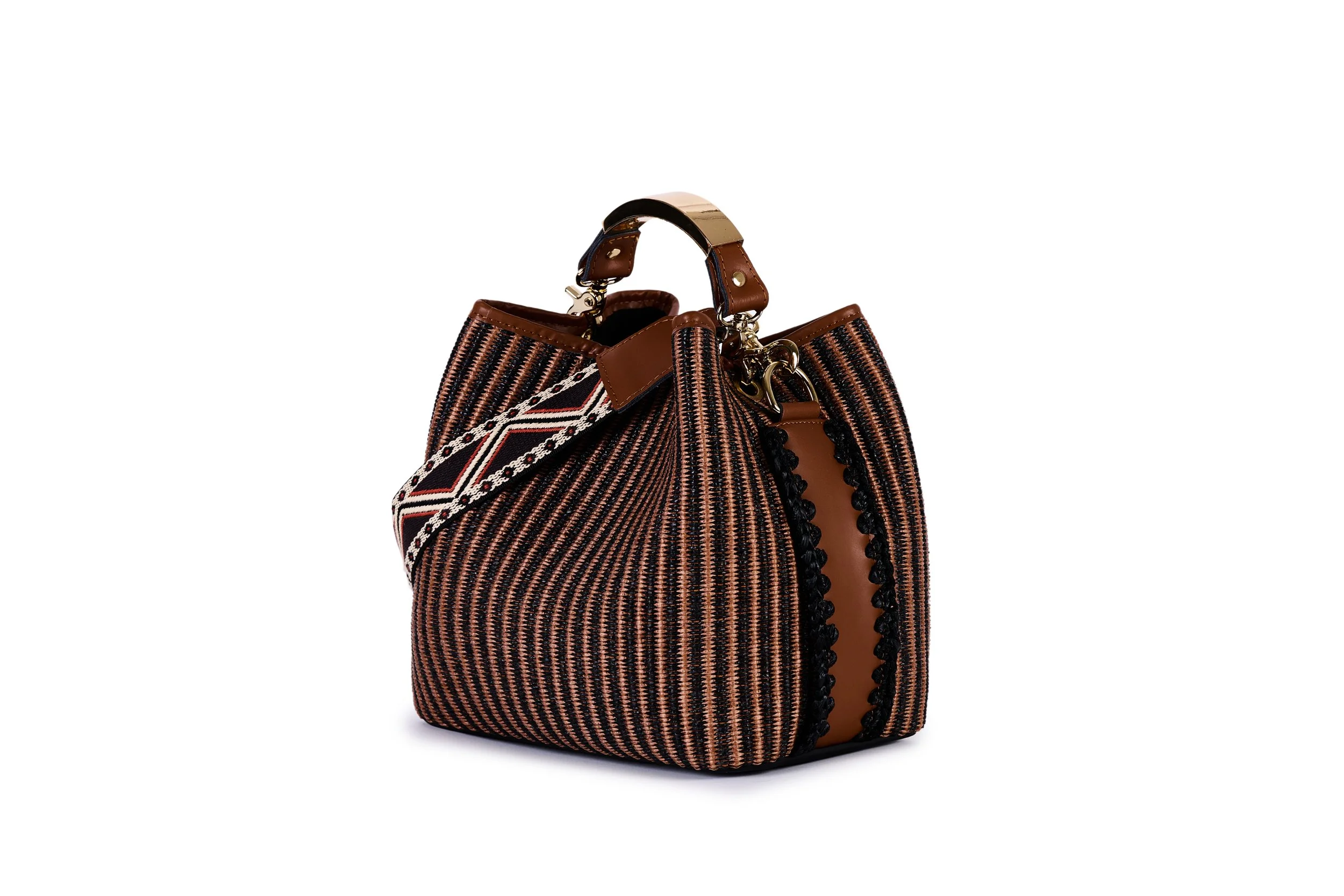 Striped Raffia Bucket Bag, by ViaMailBag Brown:Black 2.jpg