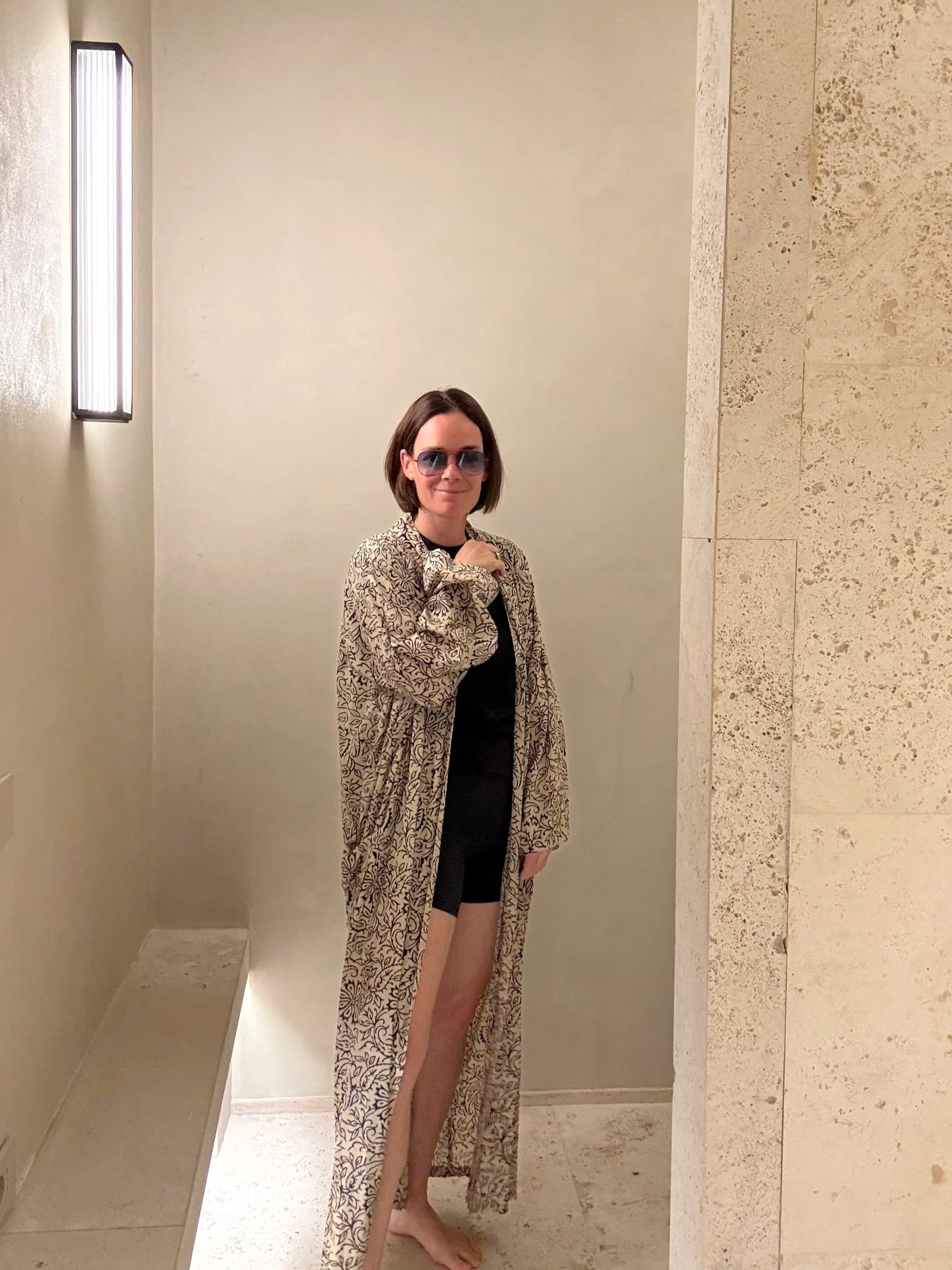 Floral Black and White Long Kimono