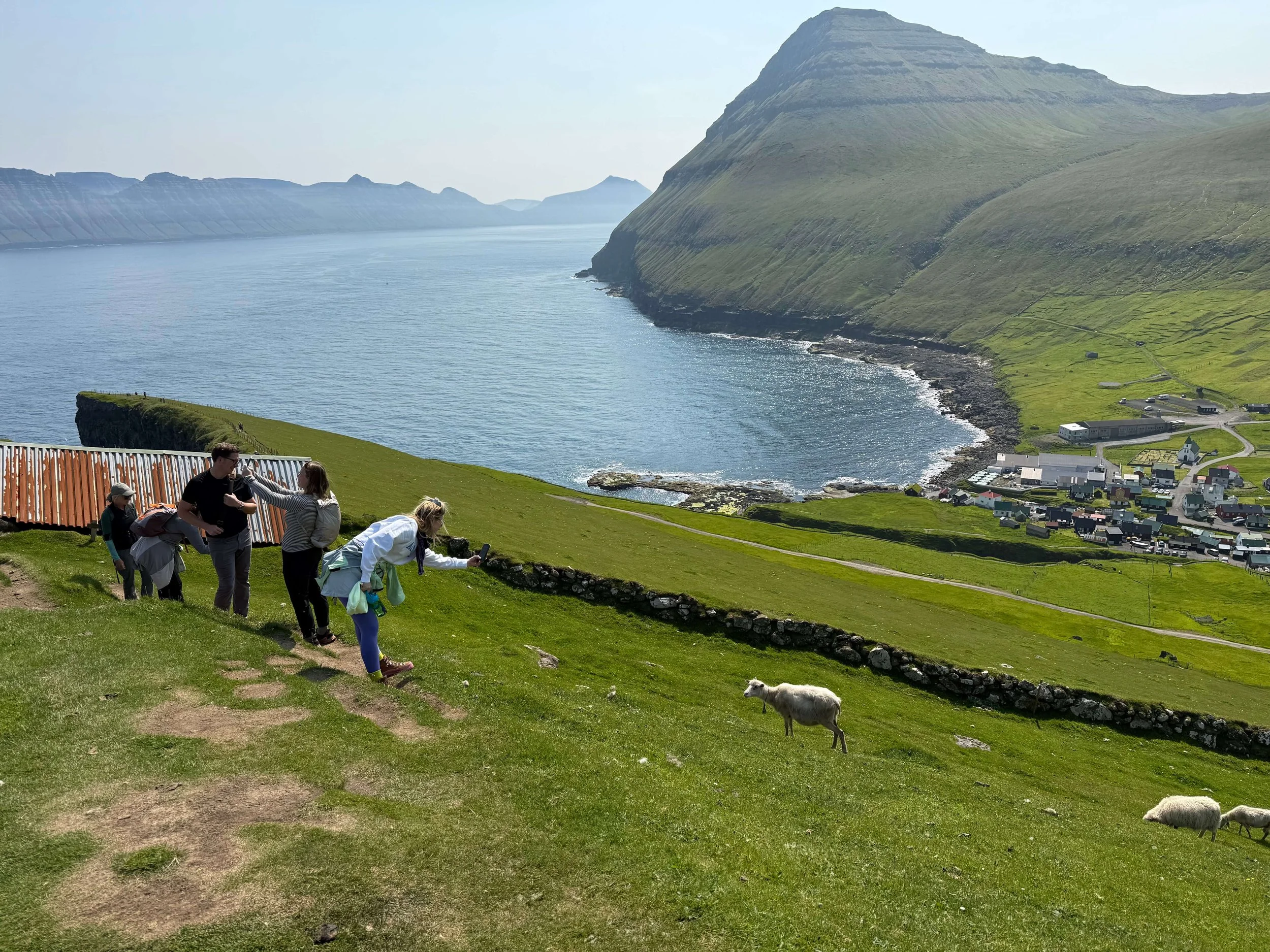 People walking along a grassy hillside overlooking a bay with mountains in the distance. There are goats and a small village in the scene.