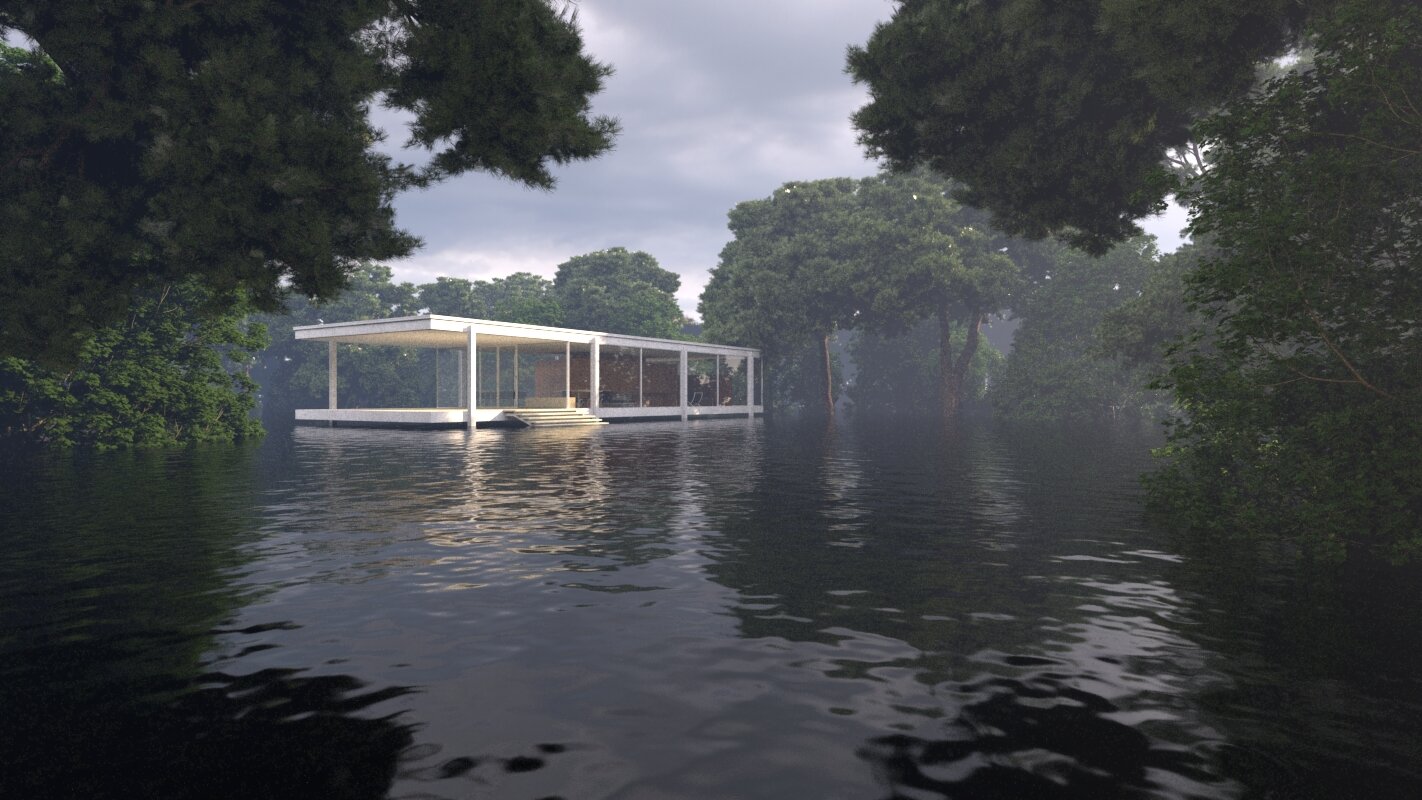  Render of Farnsworth House Plano, Illinois, Retrofitted and Floating 