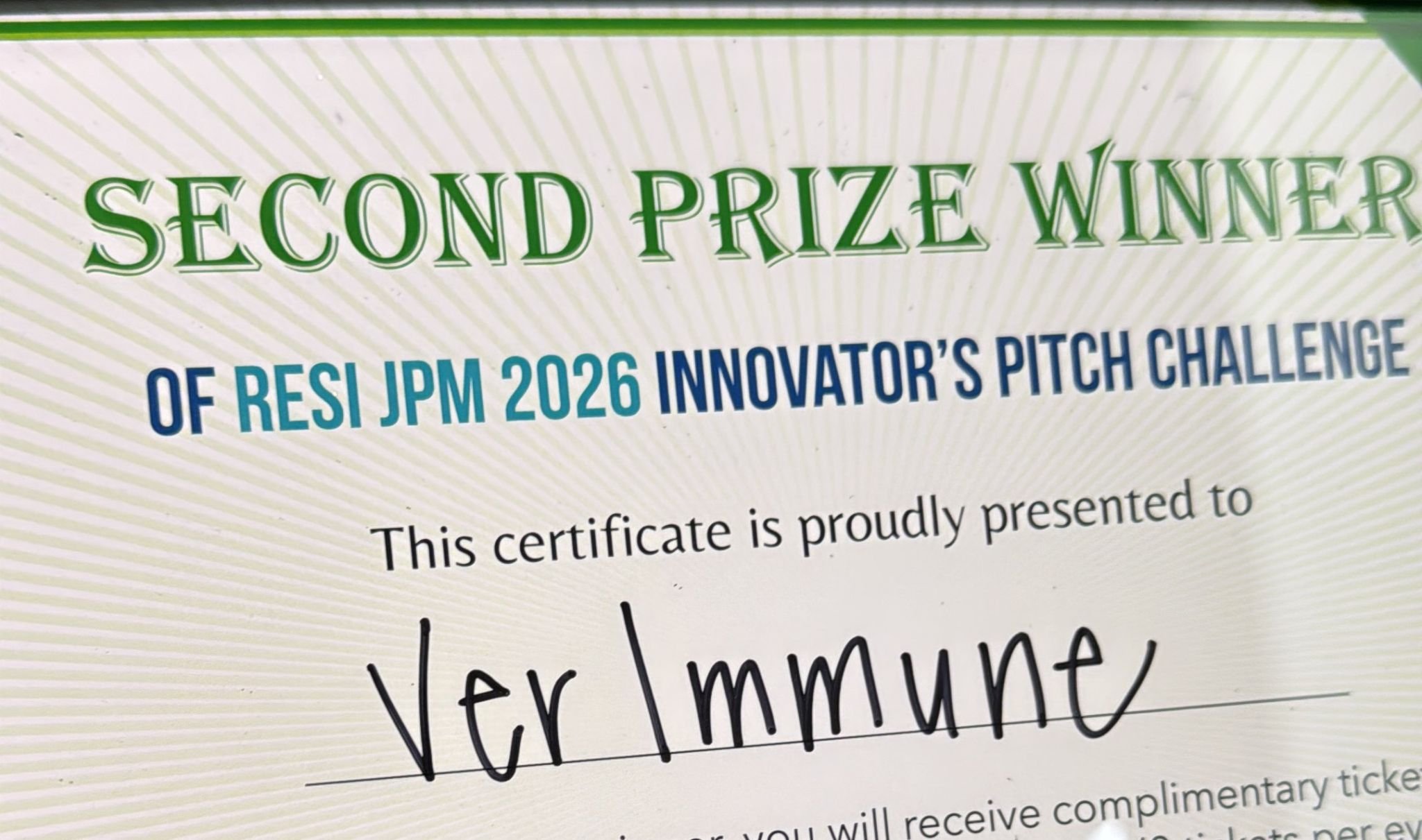 VerImmune wins 2nd place in the JPM2026 Innovator's Pitch Challenge, selected from 90 finalists.